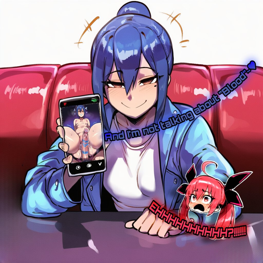 1boy, 2girls, ai generated, big penis, blue hair, blush, comic page, date a live, female, incest, ishimo, itsuka kotori, lipstick, lipstick mark, phone, phone screen, red hair, small breasts, takamiya mana, white male