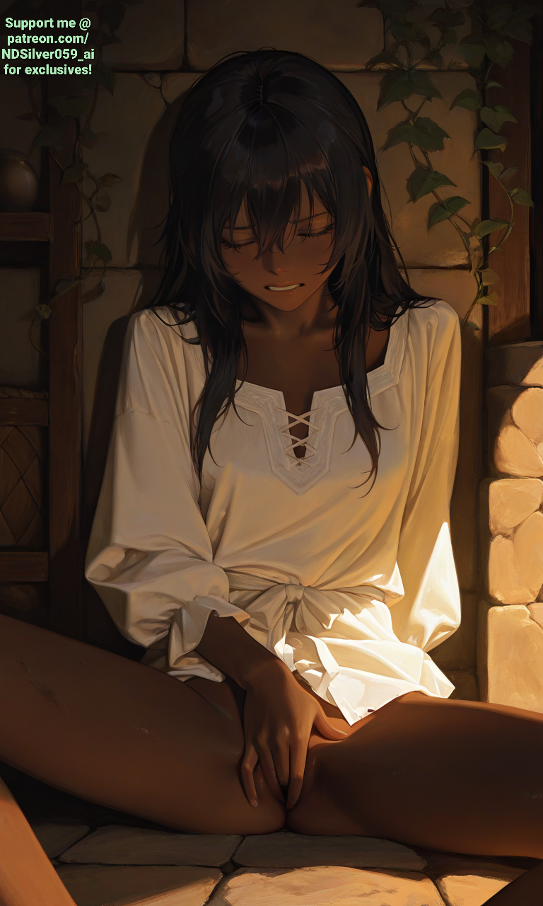 1girls, ai generated, black hair, bottomless, clenched teeth, closed eyes, cosmere, dark skin, dark-skinned female, female, fingering, fingering self, lift (stormlight archive), masturbation, ndsilver059, pussy, small breasts, solo, solo female, solo focus, stormlight archive, tagme, tan body, tan skin, tan skinned female, watermark