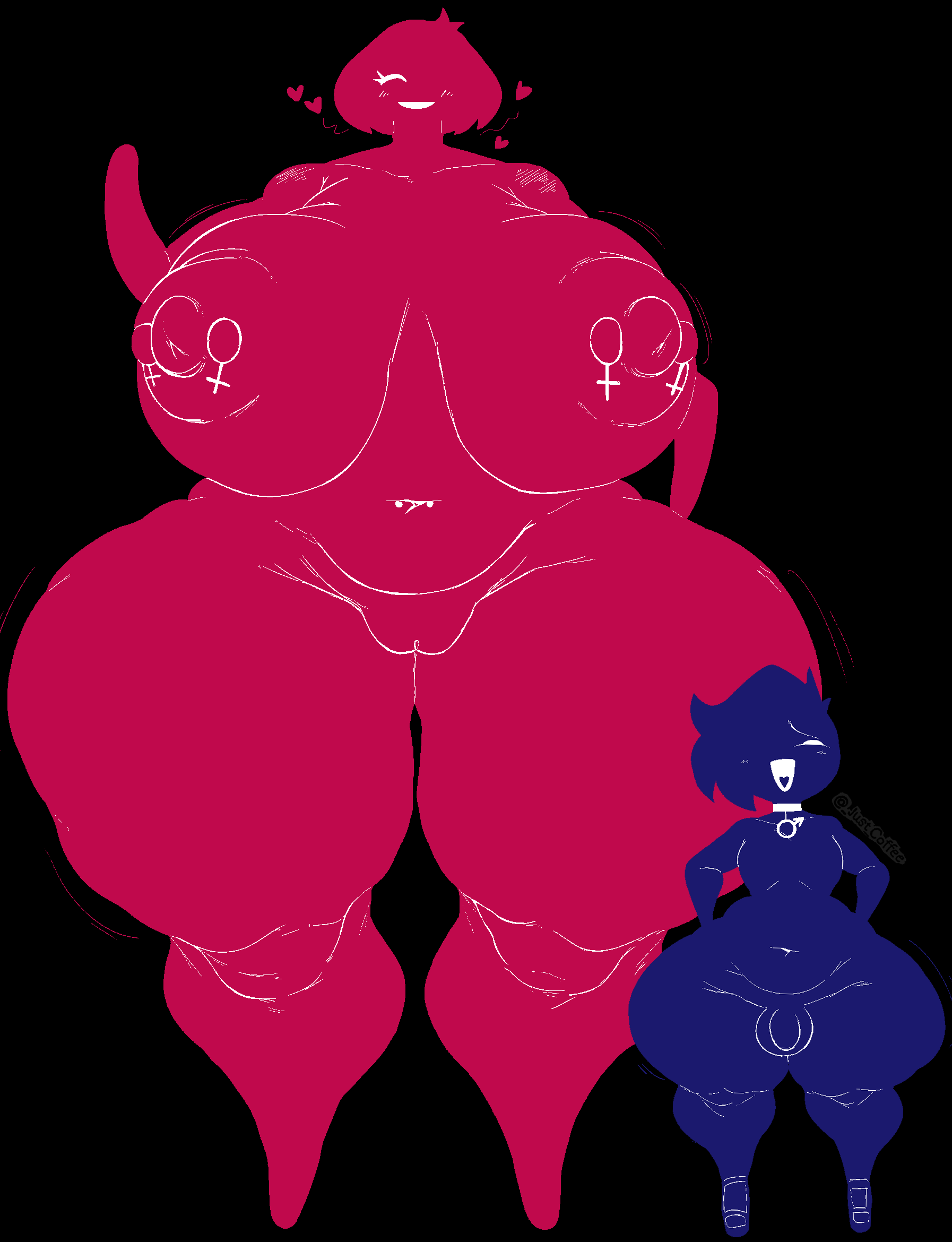 1boy, 1girls, barefoot, blue body, bottom heavy, completely nude, completely nude female, female, female symbol, femboy, full body, gender symbol, gender symbol character, hand on hip, heart, just coffee, male, male symbol, mars symbol, mini giantess, naked, naked female, nude, nude female, open mouth, open smile, penis, pictogram, pictographics, red body, shorter male, size difference, smile, taller female, venus symbol, voluptuous, voluptuous female, warning sign person