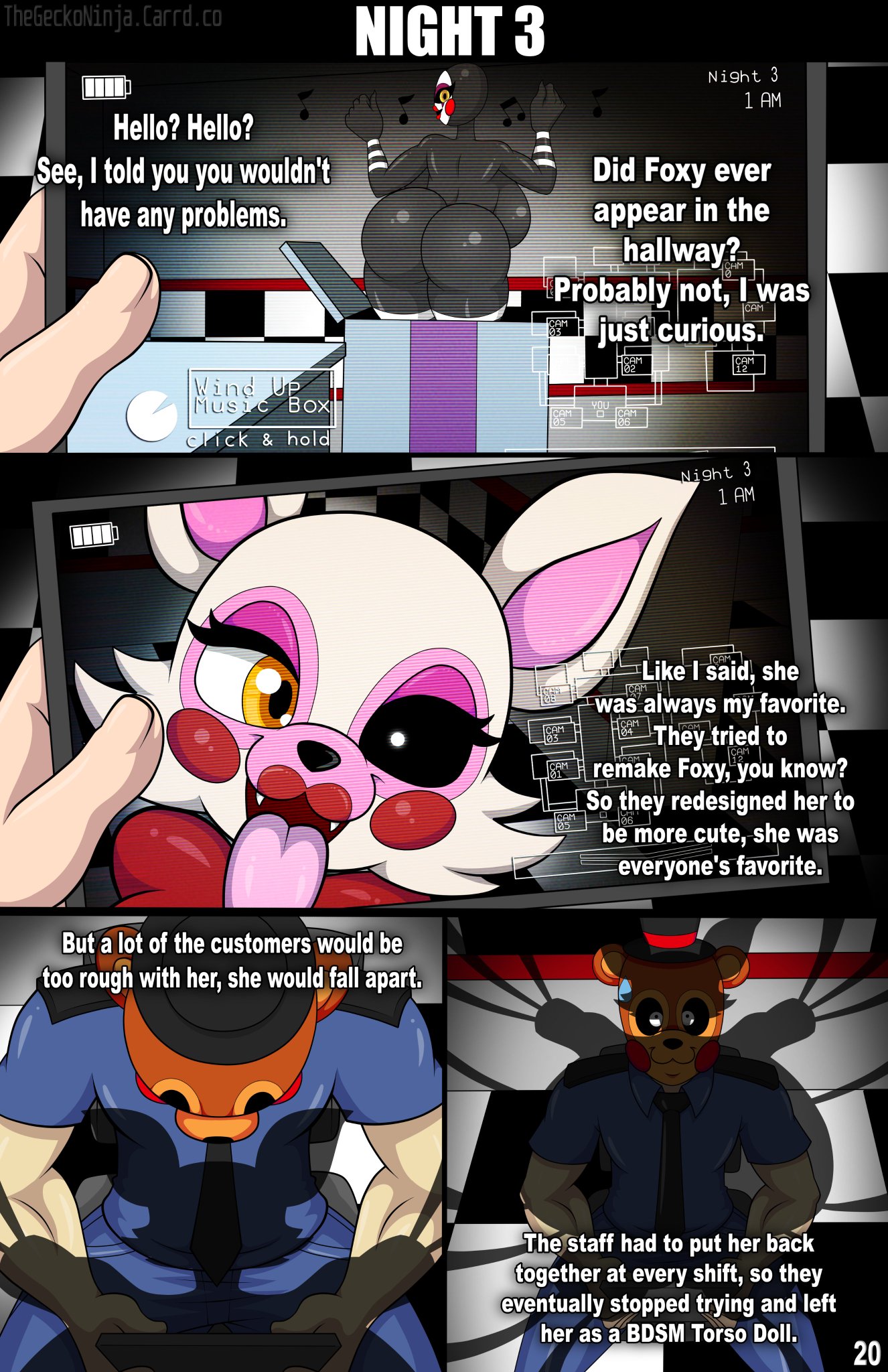 1boy, 1girls, 2girls, animal humanoid, animatronic, anthro, ass, ass bigger than head, big ass, big breasts, big thighs, black body, black skin, black-skinned female, breasts, breasts bigger than head, curvaceous, curvy, curvy figure, dark skin, dark-skinned female, digital media (artwork), dumptruck ass, dumptruck butt, female, five nights at freddy's, five nights at freddy's 2, fnaf2 location, fox, fox girl, fox humanoid, furry, furry female, hips, hourglass figure, huge ass, huge breasts, huge thighs, human, humanoid, large ass, large breasts, large thighs, legs, male, male/female, mangle (fnaf), marionette (fnaf), mature, mature female, nightguard, puppet, puppet (fnaf), round ass, rule 63, scottgames, security guard, slim waist, straight, thegeckodemon, thegeckoninja, thick, thick hips, thick legs, thick thighs, thighs, thighs bigger than head, voluptuous, waist, white body, white fur, white hair, white skin, white-skinned female, wide hips, wide thighs