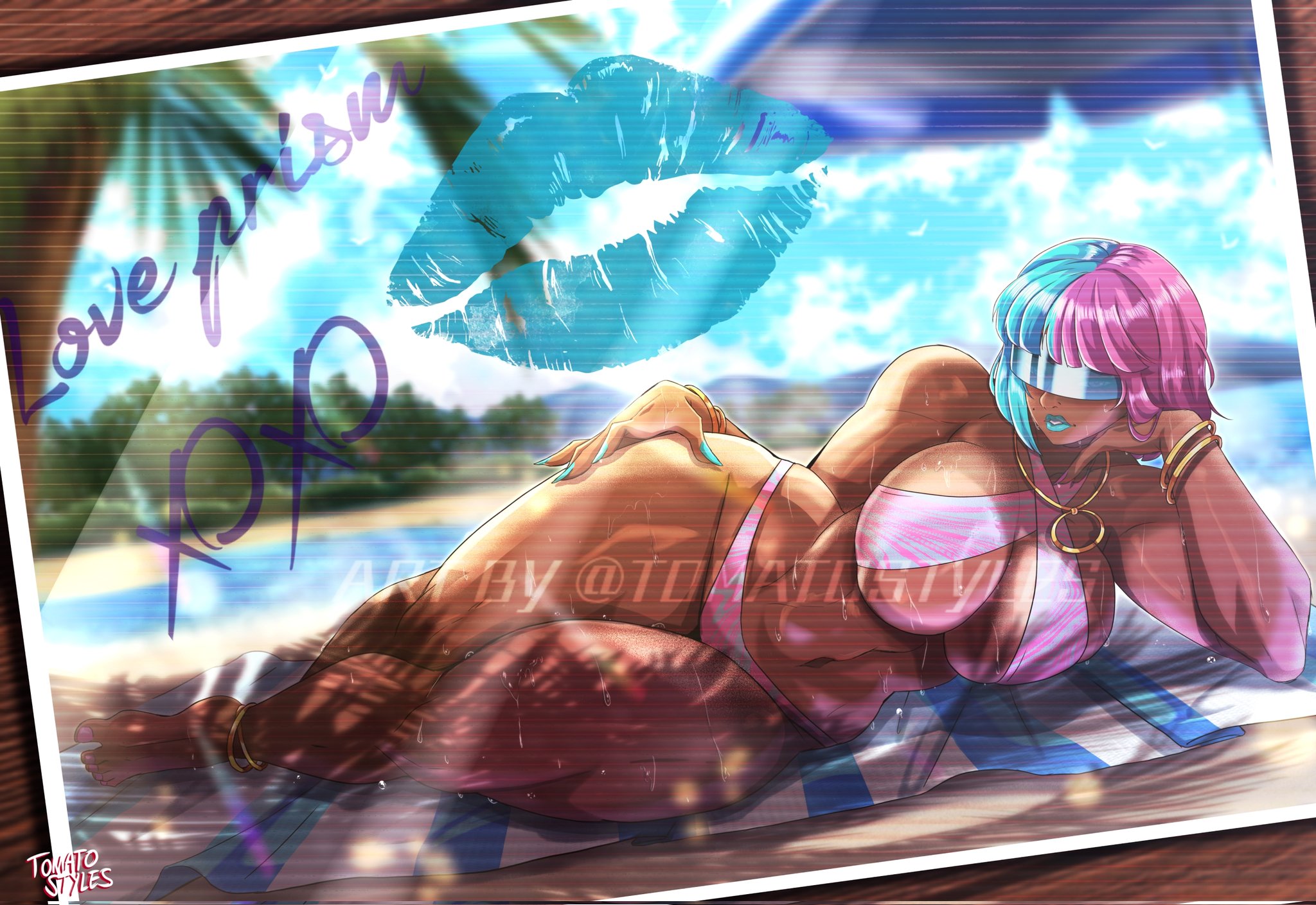 1girls, alice (dispatch), breasts, dark skin, dark-skinned female, dispatch (game), female, female focus, female only, large breasts, looking at viewer, prism, prism (dispatch), solo, thick thighs, thighs, tinted eyewear, tomatostyles, two-tone hair, visor, wide hips