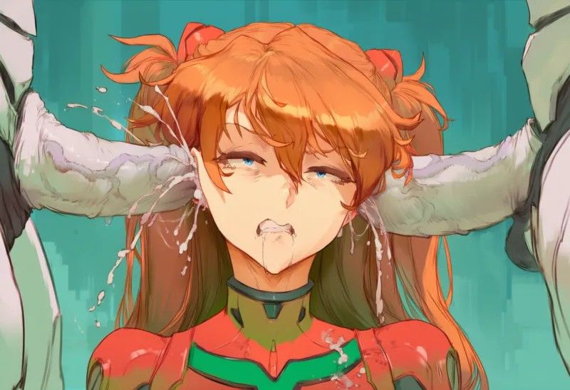 2boys, ai generated, asuka langley sohryu, brain fuck, cum on hair, ear fuck, hair ornament, long hair, mass production eva, neon genesis evangelion, penis on head, pilot suit, plugsuit, tagme
