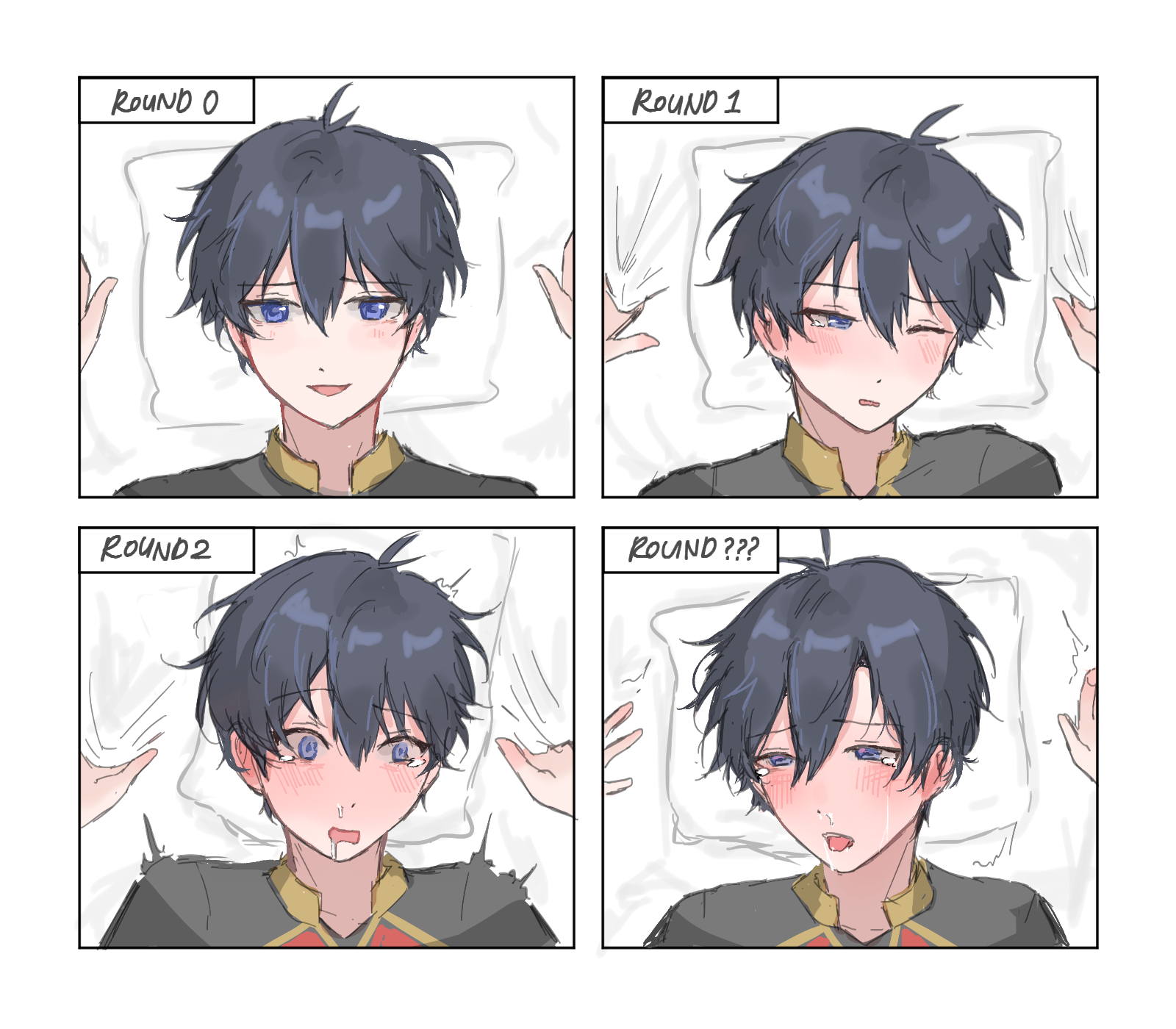 black hair, blue eyes, blue lock, blush, cute, cute expression, cute face, cute male, drooling, femboy, isagi yoichi, lost in pleasure, male, male focus, male only, mind break, pleasure face, sweating, yoipilove