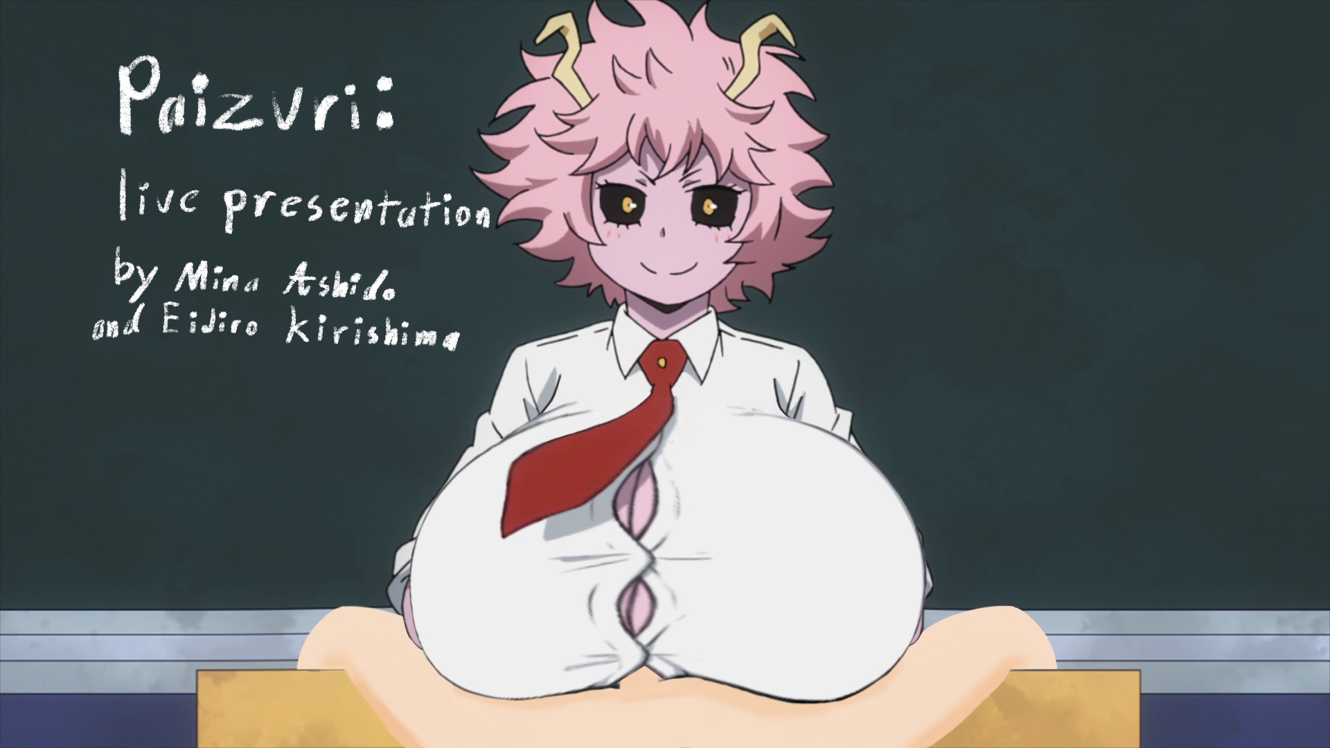 1boy, 1girls, ashido mina, boku no hero academia, breasts, edit, eijirou kirishima, female, huge breasts, kirimina, kirishima eijirou, male, mina ashido, my hero academia, outercourse, paizuri, school uniform, screenshot, screenshot edit