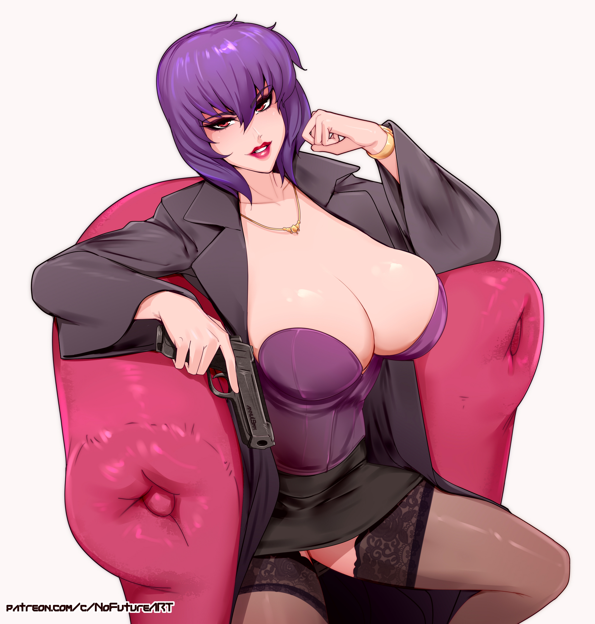 1girls, armwear, big breasts, black coat, black skirt, black thighhighs, bracelet, breasts, cleavage, coat, corset, female, female only, ghost in the shell, ghost in the shell stand alone complex, hair, hi res, holding object, holding weapon, huge breasts, kusanagi motoko, lace, lace trim, lace-trimmed thighhighs, legwear, lips, lipstick, makeup, miniskirt, nofuture, open coat, pencil skirt, purple hair, red eyes, red lips, red lipstick, short hair, sitting, skirt, solo, solo female, thick lips, thighhighs, weapon, white background