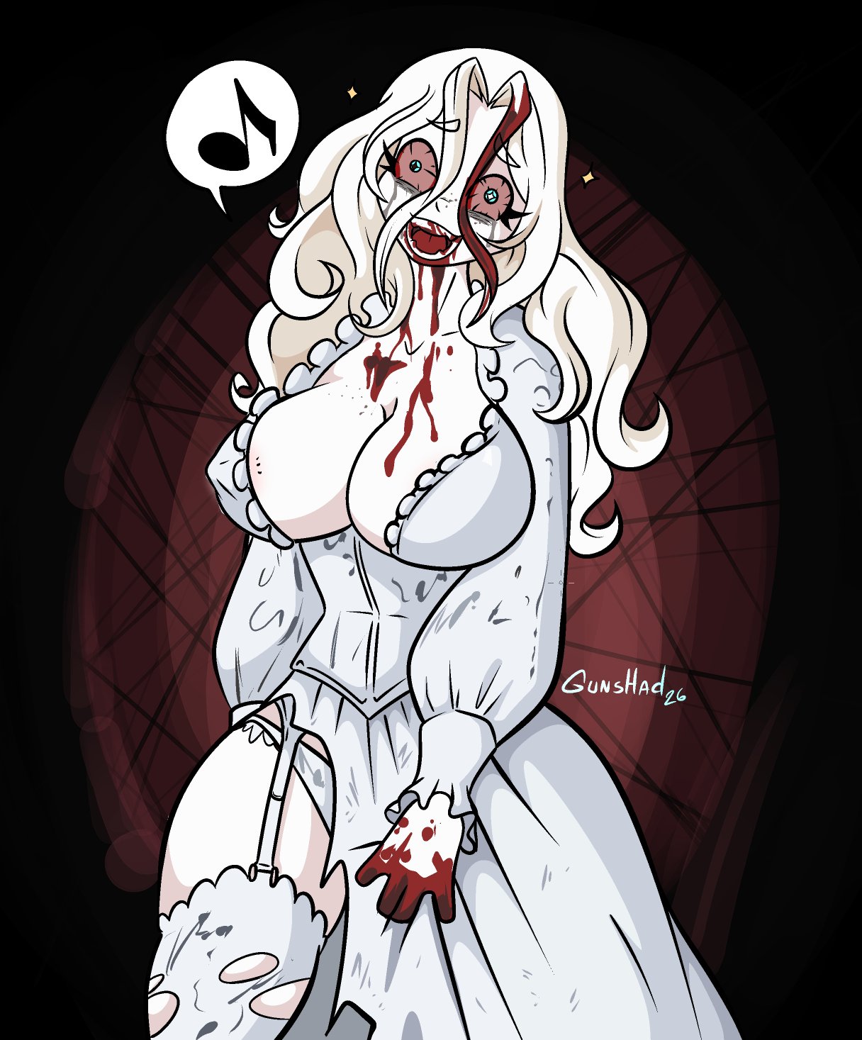 2d, big breasts, big tits, black pupils, blood in mouth, blood on hand, blood stain, crazy female, dress, female, grey body, grey skin, grey skinned female, gunshad, light hair, pale skin, pale-skinned female, red sclera, resident evil, resident evil 9: requiem, ripped clothing, selena corey, showing leg, showing panties, singer, singing, smiling, smiling at viewer, solo, sweating, undead, undead female, white dress, white hair, white iris, white panties, white stockings, wide hips, zombie, zombie girl
