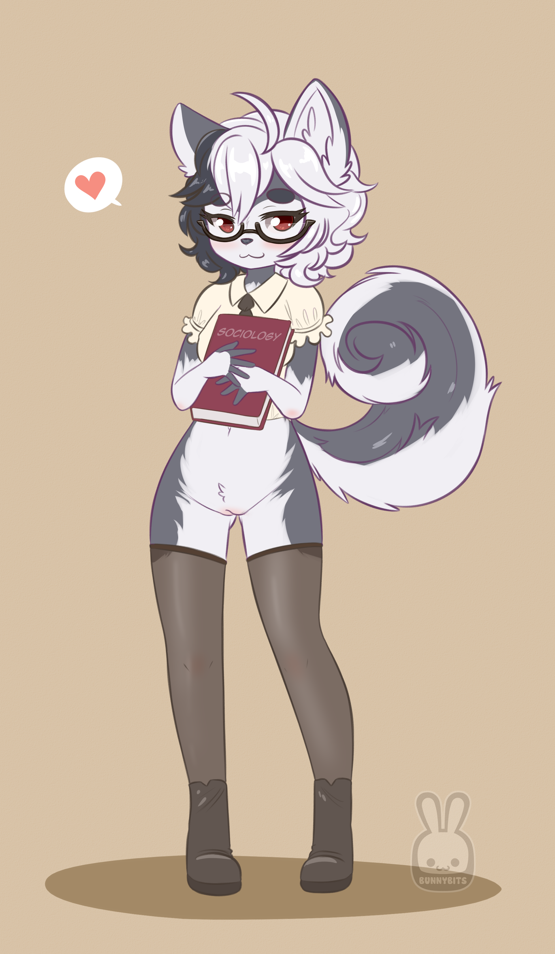 :3, 2020, 5 fingers, absurdres, ahoge, anthro, australian shepherd, black body, black fur, black hair, blouse, blush, book, boots, bottomless, bunnybits, canid, canine, canis, crotch tuft, curled tail, domestic dog, eyelashes, eyewear, female, fingers, fluffy, fluffy hair, fluffy tail, footwear, front view, fur, furry, genitals, glasses, hands together, heart, herding dog, highres, holding book, holding object, inner ear fluff, katherine (badmatt), lingerie, long tail, looking at viewer, looking forward, mammal, mature female, multicolored hair, navel, necktie, nerd, pastoral dog, pictographics, pussy, red eyes, sheepdog, simple background, solo, speech bubble, standing, thighhighs, tuft, two-tone hair, white body, white fur, white hair