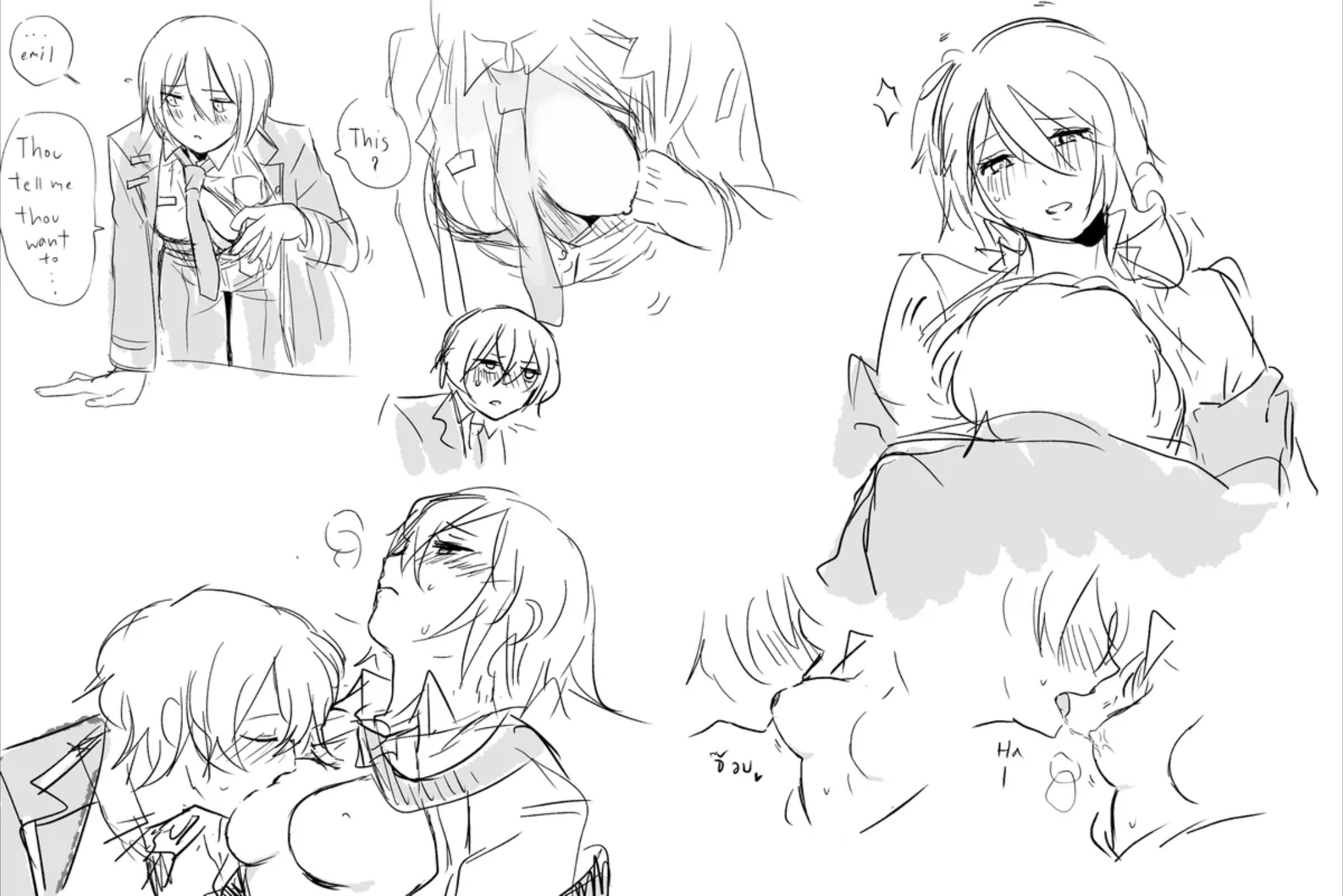 1boy, 1girls, blush, blushing, breasts, breath, comic, don quixote (limbus company), english text, large breasts, licking, licking nipples, limbus company, necktie, nipples, nugii, pants, project moon, shirt, shirt pull, short hair, sinclair (limbus company), sucking, sucking nipples, sweat, text, text bubble