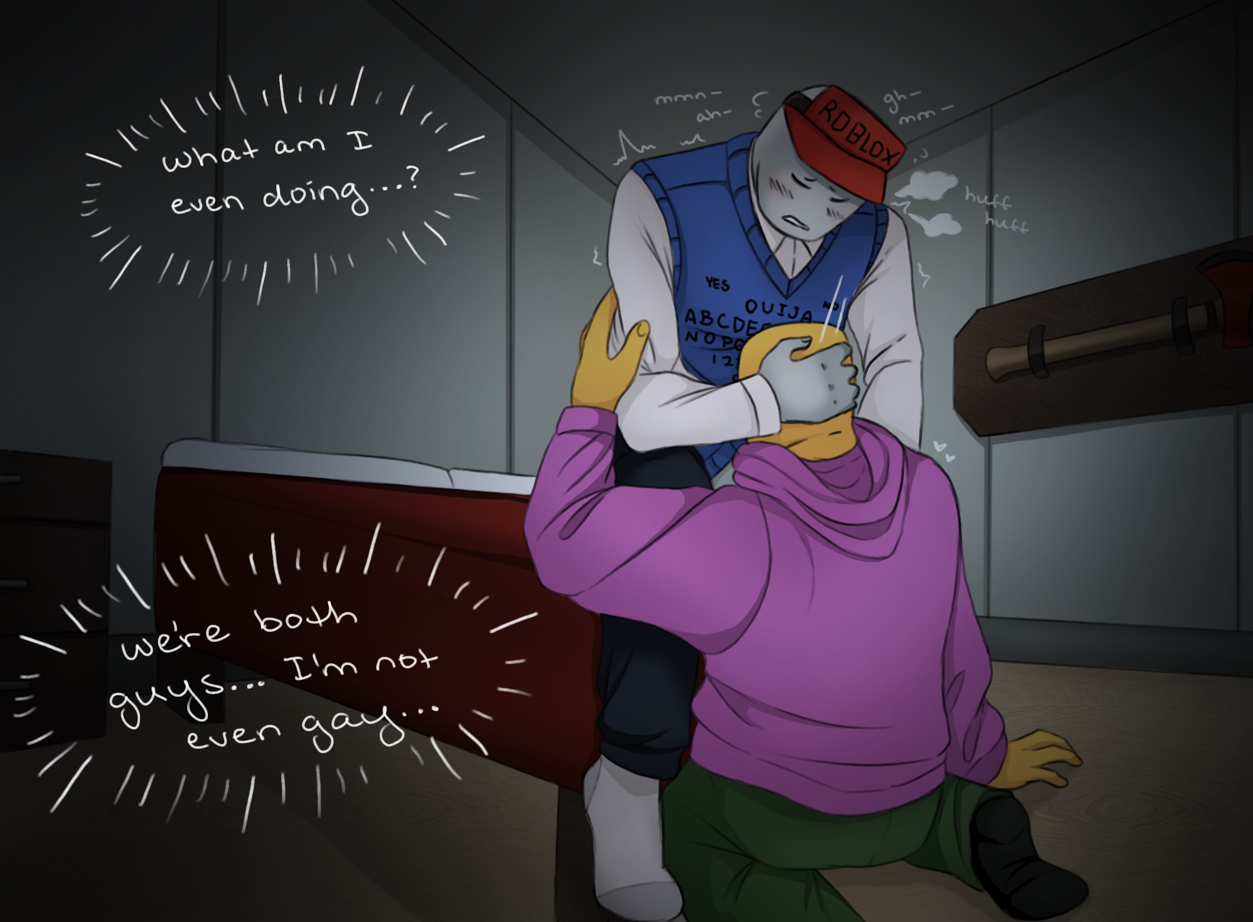 2boys, andrew (bad things), bad things, bad things (roblox), blowjob, clothed, clothing, dick sucking, english text, gay, geomemes, internalized homophobia, ivan (bad things), male only, no visible genitalia, oral, roblox, roblox game, robloxian, self upload, tagme, text, yaoi