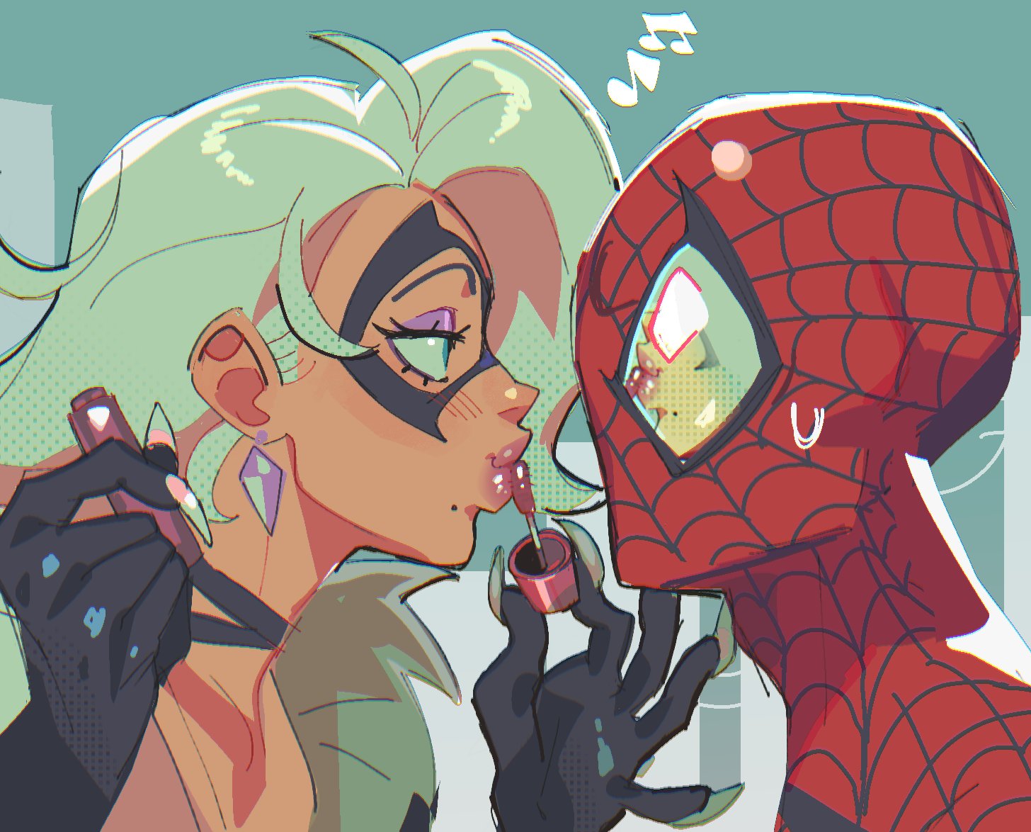 1boy, 1boy1girl, 1girl1boy, 1girls, 2026, 2d, black cat (marvel rivals), black cat (marvel), choker, collar, color, colored, couple, couple (romantic), couples, domino mask, eyemask, felicia hardy, female, glossy, glossy lips, juicy lips, light skin, light-skinned female, lipgloss, lipstick, male, marvel, marvel comics, marvel rivals, mask, masked, masked female, masked male, netease games, peter parker, pinup, putting on lipstick, romantic, romantic couple, shiny lips, skullmercy, spider-man, spider-man (series), superhero, superhero couple, superheroine, thick lips, white hair