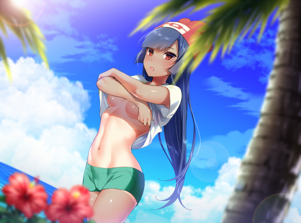 1girls abs akira_(natsumemo) alternate_outfit alternate_skin_color beach belly blue_hair breasts clouds cosplay dark_skin day eye_contact hizuki_akira human_only large_breasts long_hair looking_at_viewer midriff navel nintendo outdoors palmtree pokemon pokemon_frlg pokemon_rgby pokemon_sm red_eyes sabrina_(pokemon) selene_(pokemon)_(cosplay) shadow shirt shirt_lift short_shorts shorts sky tan tanline tanlines thick_thighs thin_waist underboob undressing water wide_hips