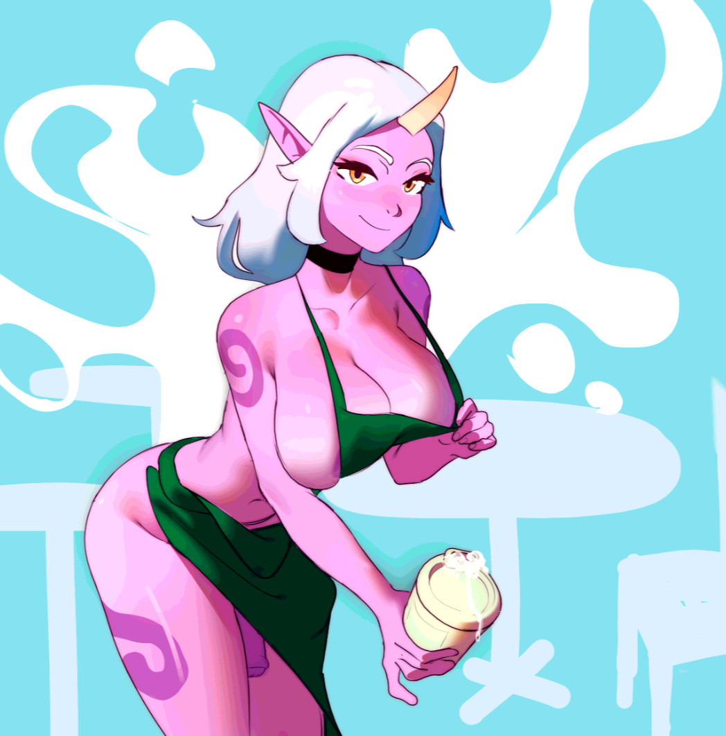 1futa, apron, apron only, blush, body markings, breasts, coffee cup, collar, cup, cup of cum, functionally nude, functionally nude female, futanari, half-erect, half-erect under clothing, holding cup, huge breasts, iced latte with breast milk, iced latte with dick milk, implied cum, league of legends, leaning, leaning forward, looking at viewer, mostly nude, naked apron, penis, penis peek, penis peeking, pink skin, practically nude, riot games, smile, smiling, smiling at viewer, solo, solo futa, solo futanari, soraka, soraka (league of legends), squished breasts, tagme, thick thighs, yummi bunny