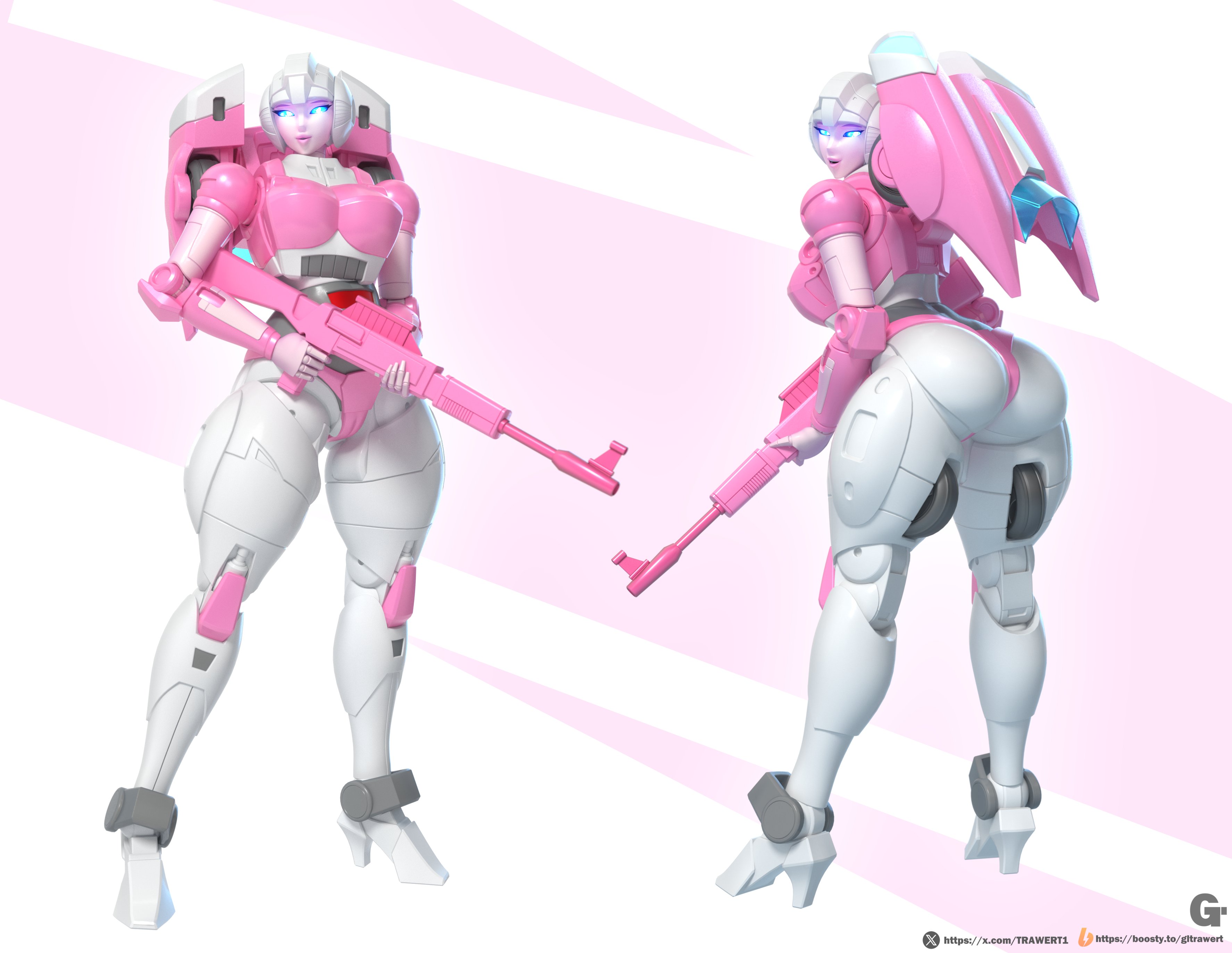 1girls, 3d, arcee, arcee (g1), big ass, dat ass, gun, rifle, robot, robot girl, solo, transformers, transformers g1, trawert
