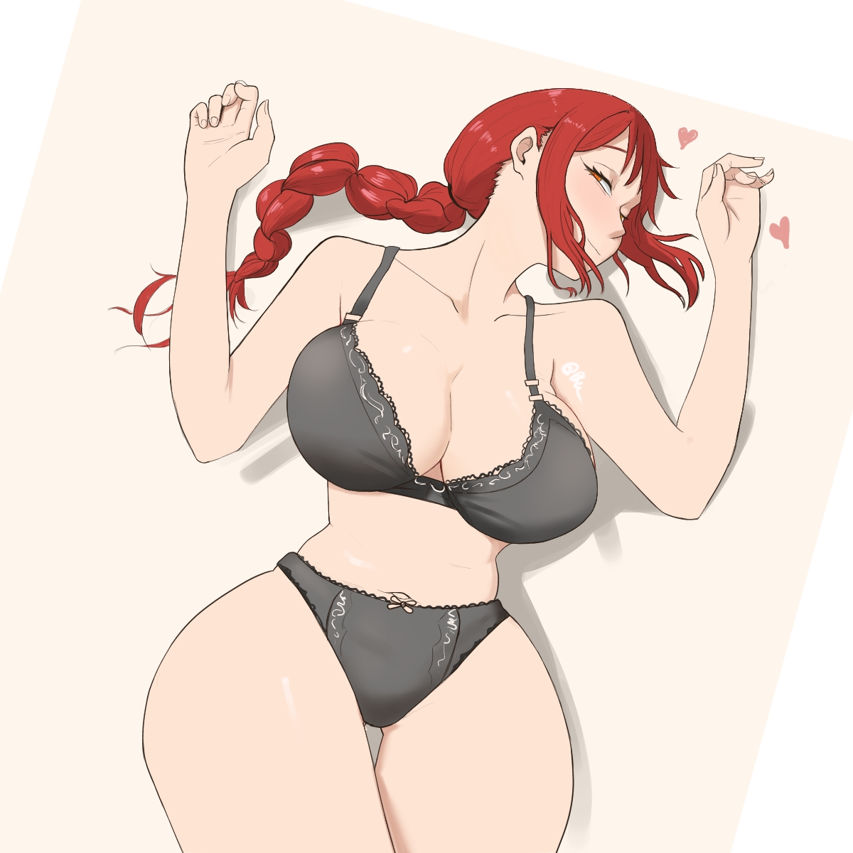 1girls, big breasts, big thighs, black bra, black panties, black underwear, bra, braid, braided hair, braided ponytail, breasts, chainsaw man, clothing, heart, hearts around head, large breasts, large hips, laying on back, laying on floor, laying on ground, light-skinned female, looking at viewer, makima (chainsaw man), pale skin, pale-skinned female, panties, phelonart, red hair, red hair female, redhead female, redheaded female, ringed eyes, solo, solo female, solo focus, thick thighs, thighs, thin waist, unusual eyes, unusual pupils, voluptuous, voluptuous female, wide hips, yellow eyes