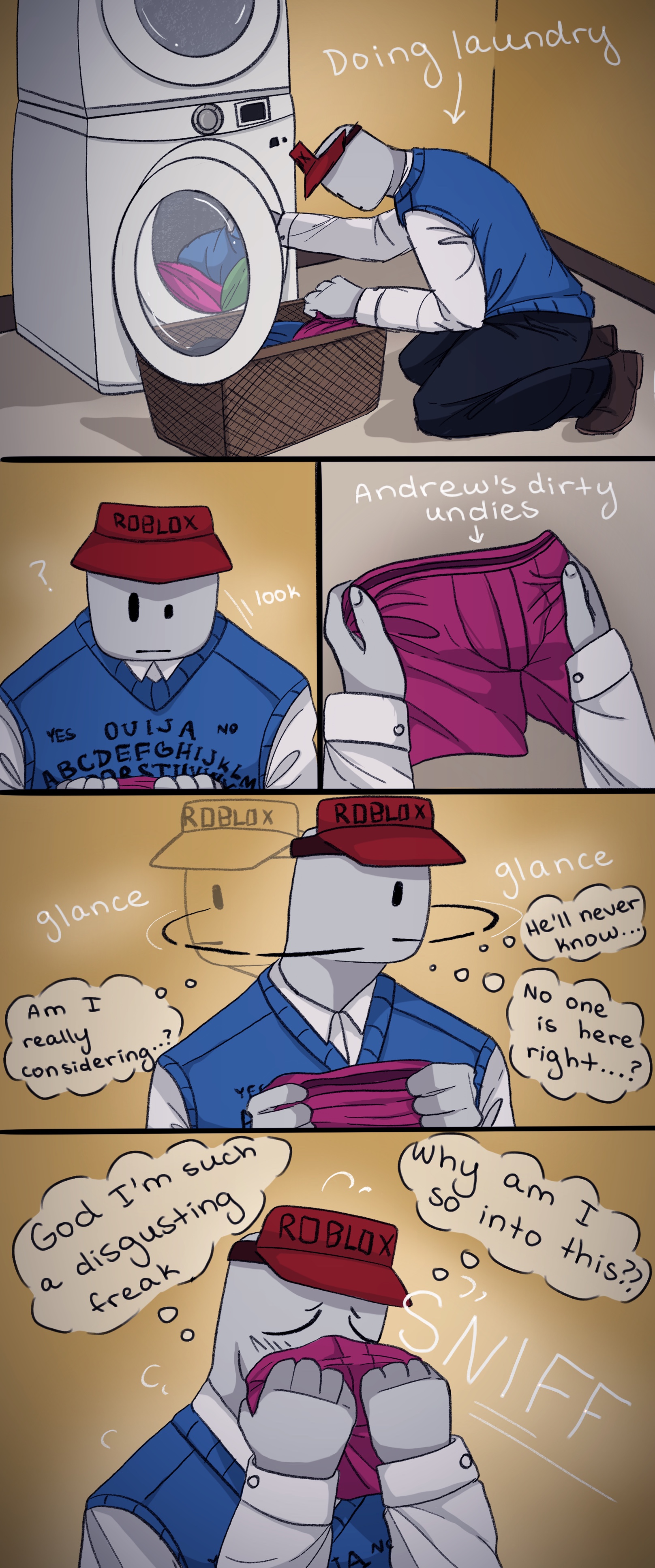 andrew (bad things), bad things, bad things (roblox), clothed, clothing, english text, geomemes, ivan (bad things), male only, roblox, roblox game, robloxian, self upload, sniffing clothes, solo, tagme, text, thought bubble, underwear, underwear sniffing