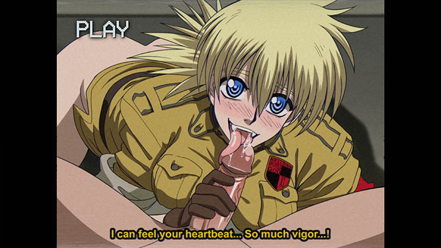 1boy1girl, blonde hair, blue eyes, blush, bottomless, dirtyero (artist), fangs, fellatio, gloves, hellsing, licking head, licking penis, looking at viewer, police uniform, policewoman, ponytail, pov, retro artstyle, saliva, seras victoria, subtitles, tongue, uniform, vampire, vampire girl, vhs artifacts, vhs filter