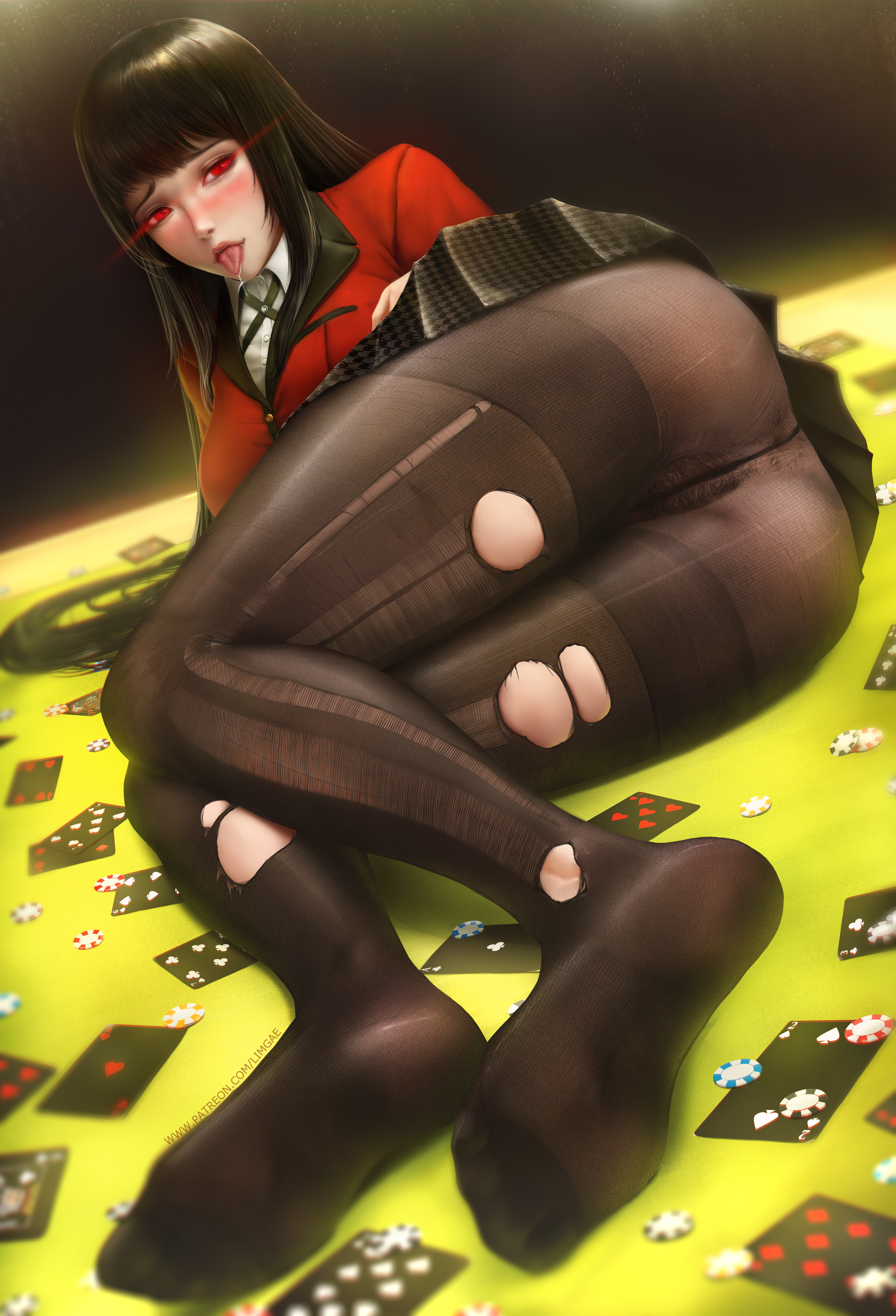 absurdres, anal hair, anus, ass, black hair, breasts, bright eyes, card, cards, censored, chips, convenient censoring, female, female pubic hair, half-closed eyes, high resolution, highres, jabami yumeko, kakegurui, leggings, limgae, looking at viewer, on table, poker cards, poker table, pubic hair, red eyes, saliva, school uniform, see-through, skirt, tights, toes, tongue, tongue out, torn clothes, torn legwear