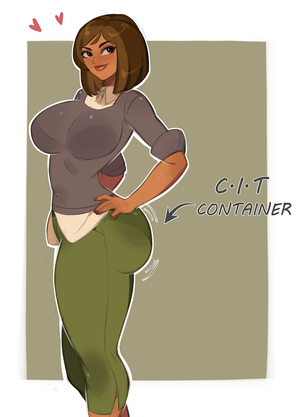2d, ass, big breasts, breasts, brown body, brown hair, brown nipples, brown skinned male, bubble butt, busty, capri pants, courtney (tdi), evil container, female, female focus, female only, hourglass figure, jiggle, jiggling ass, kyopink, meme, pants, short hair, skin tight, sleeves rolled up, standing, sweater lift, tagme, total drama (series), total drama island, wide hips