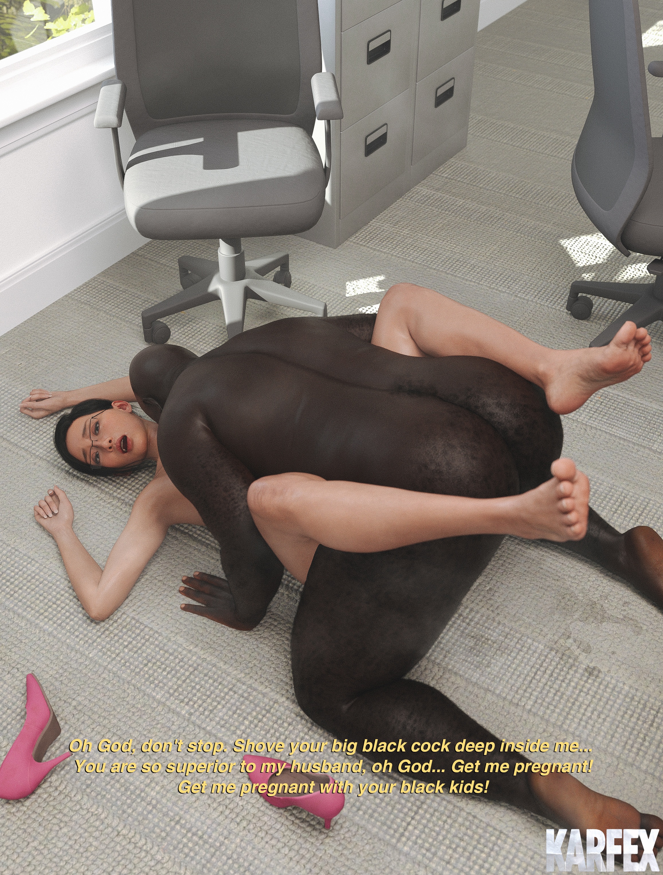 3d, black hair, cheating, cheating wife, completely nude, dark skin, dark-skinned male, duo, english text, fat male, feet, female, female penetrated, glasses, hairy male, haru (karfex), haru yamaguchi, heels, high heels, impregnation request, interracial, karfex, legs up, light skin, light-skinned female, looking pleasured, male, male penetrating, male penetrating female, male/female, mating press, moaning, naked, netorare, nude female, nude male, orgasm, raceplay, sex, soles, spread legs, text, toes, vaginal penetration, vaginal sex, very high resolution, wrinkled feet