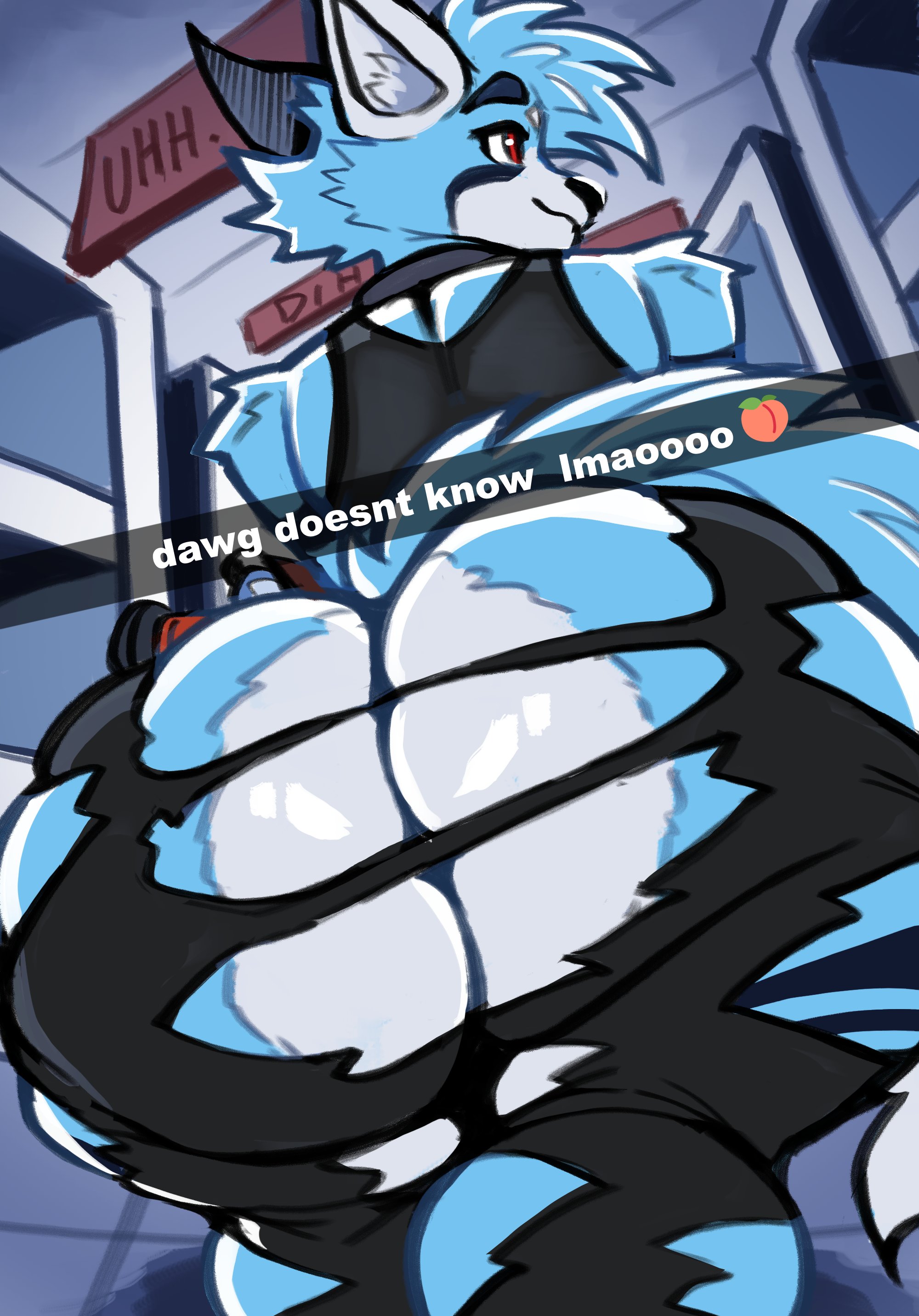 1boy, anthro, ass, big ass, bottom heavy, bubble butt, canine, caption, clothing, crop top, fat ass, femboy, furry, furry only, gluteal fold, huge ass, large ass, male, male only, massive ass, nathanatwar, original, original character, pants, photo, public, ripped clothing, ripped pants, solo, tail, thick ass, thick thighs, thunder thighs, unaware, wardrobe malfunction, whateverdoes, wide hips