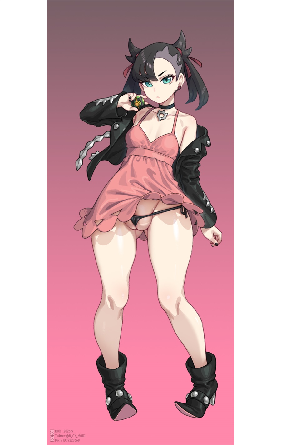black boots, black hair, black jacket, black nails, black thong, bottom heavy, box20502017, choker, clothing, ear piercing, eyelashes, fat mons, female, front view, green eyes, human, leather jacket, looking at viewer, marnie (pokemon), pale skin, pink dress, plump labia, pokeball, pokemon, pokemon ss, pussy floss, small breasts, tan skin, thick thighs, twintails, wide hips