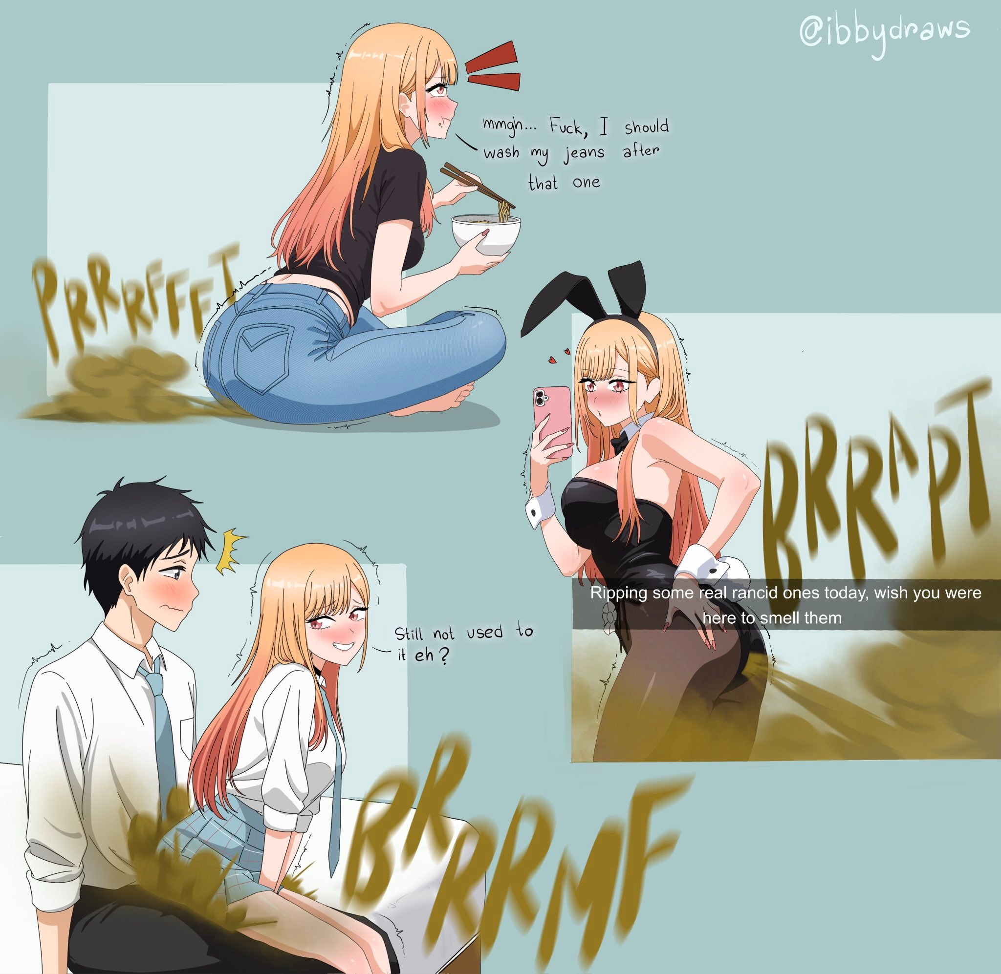 1girl, 1girls, 3koma, armpits, bare legs, barefoot, black hair, blonde hair, blush, bunny costume, bunny ears, bunny tail, buttjob, buttjob over clothes, casual, cellphone, cosplay, dirty, dirty ass, eating, fart, farting, farting on another, farts, feet, female, gassy, gassy female, gojou wakana, heart, ibbydraws, kitagawa marin, legs, long hair, marin kitagawa, messy hair, my dress up darling, necktie, orange eyes, pants, pantyhose, ramen, selfie, shirt, short, sitting, skirt, smell, smelly anus, sono bisque doll wa koi wo suru, stinky, stinky anus, stinky ass, teen, teen boy, teen girl, teenage, teenage boy, teenage girl, teenager, tight clothes, toes