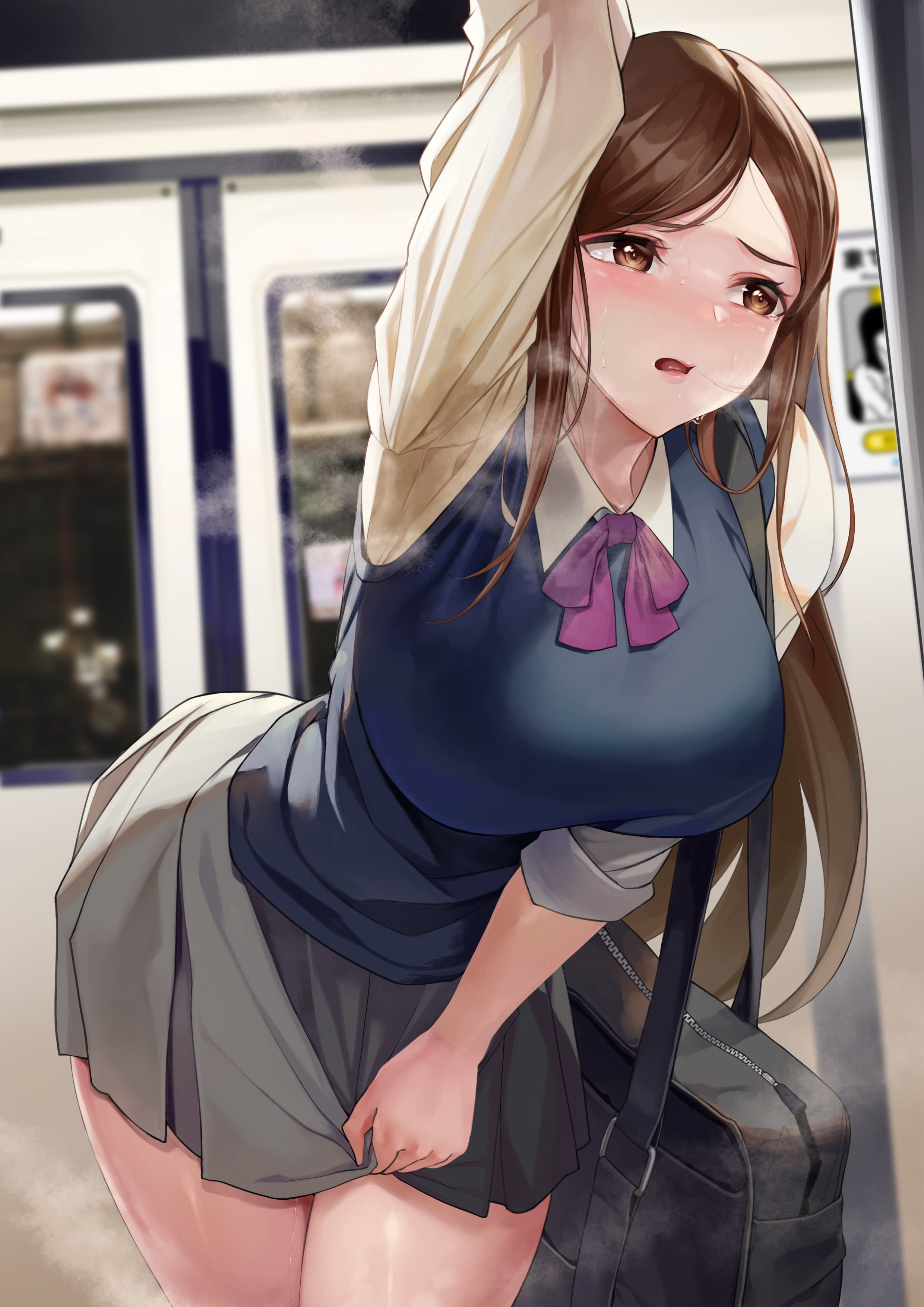 1girls, absurdres, arm up, bag, blue vest, blurry, blurry background, blush, bow, bowtie, breasts, breath, brown eyes, brown hair, clothes grab, collared shirt, commission, cowboy shot, door, drooling, embarrassed, female focus, grey skirt, half-closed eyes, have to pee, highres, large breasts, leaning forward, long hair, long sleeves, matching hair/eyes, miniskirt, mute (mute89539160), nose blush, open mouth, original, parted bangs, peeing, peeing self, pixiv commission, pleated skirt, purple bow, purple bowtie, revision, saliva, school bag, school uniform, shirt, shoulder bag, skirt, skirt grab, solo, standing, steam, steaming body, sweat, tears, thighs, train, urine, vest, wet, wet clothes, white shirt