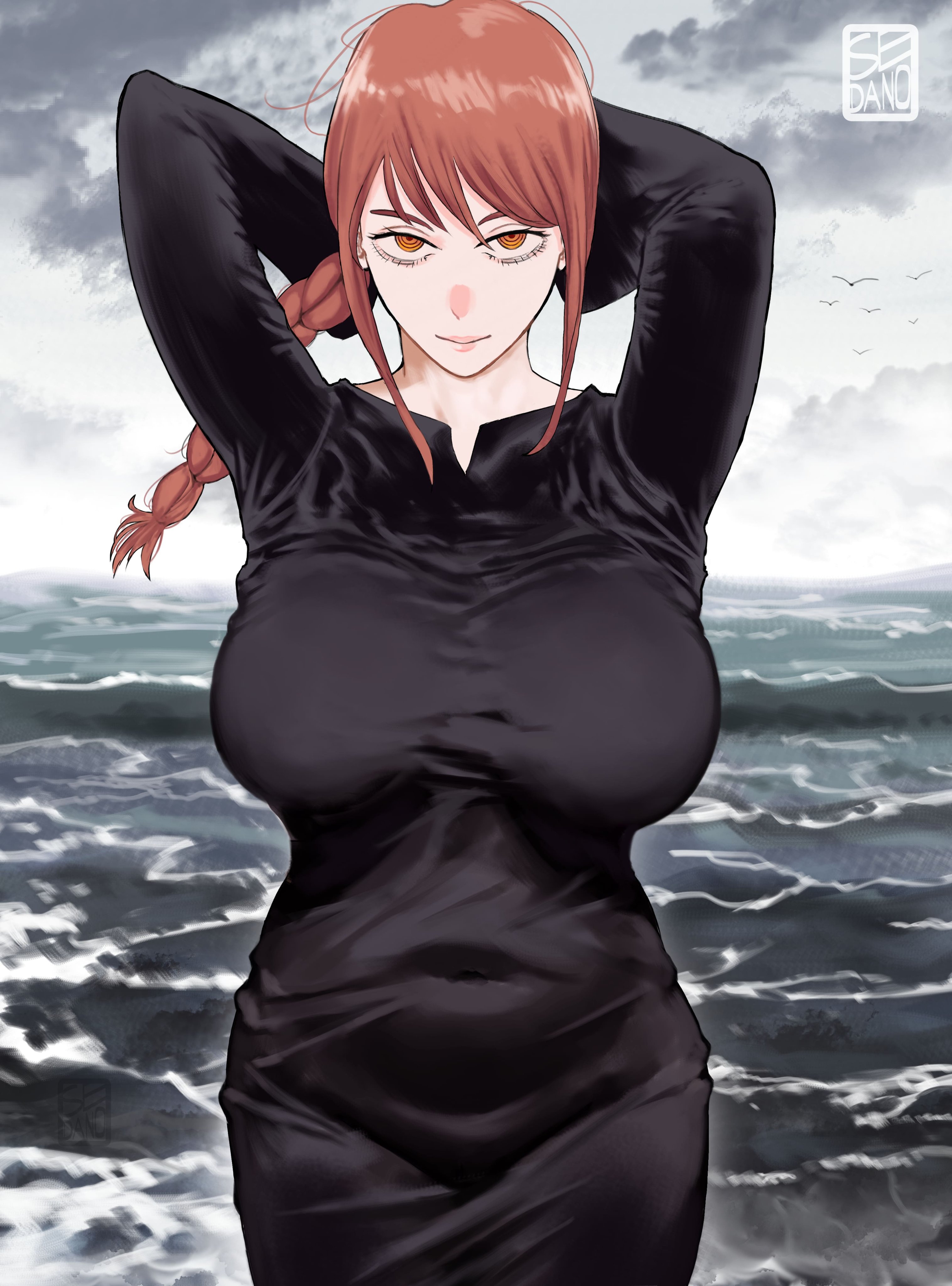 1girls, 2026, alternate version available, arms behind back, arms up, big breasts, black clothing, black dress, breasts, chainsaw man, clothed, clothed female, fully clothed, large breasts, light-skinned female, long dress, long sleeves, looking at viewer, makima (chainsaw man), navel, navel visible through clothes, navel visible through clothing, pale skin, pale-skinned female, questionable, red hair, redhead female, redheaded female, ringed eyes, sedanoxe, sfw, smirking at viewer, staring at viewer, unusual eyes, unusual pupils, wrinkled clothes, wrinkled fabric, wrinkles in clothes, yellow eyes