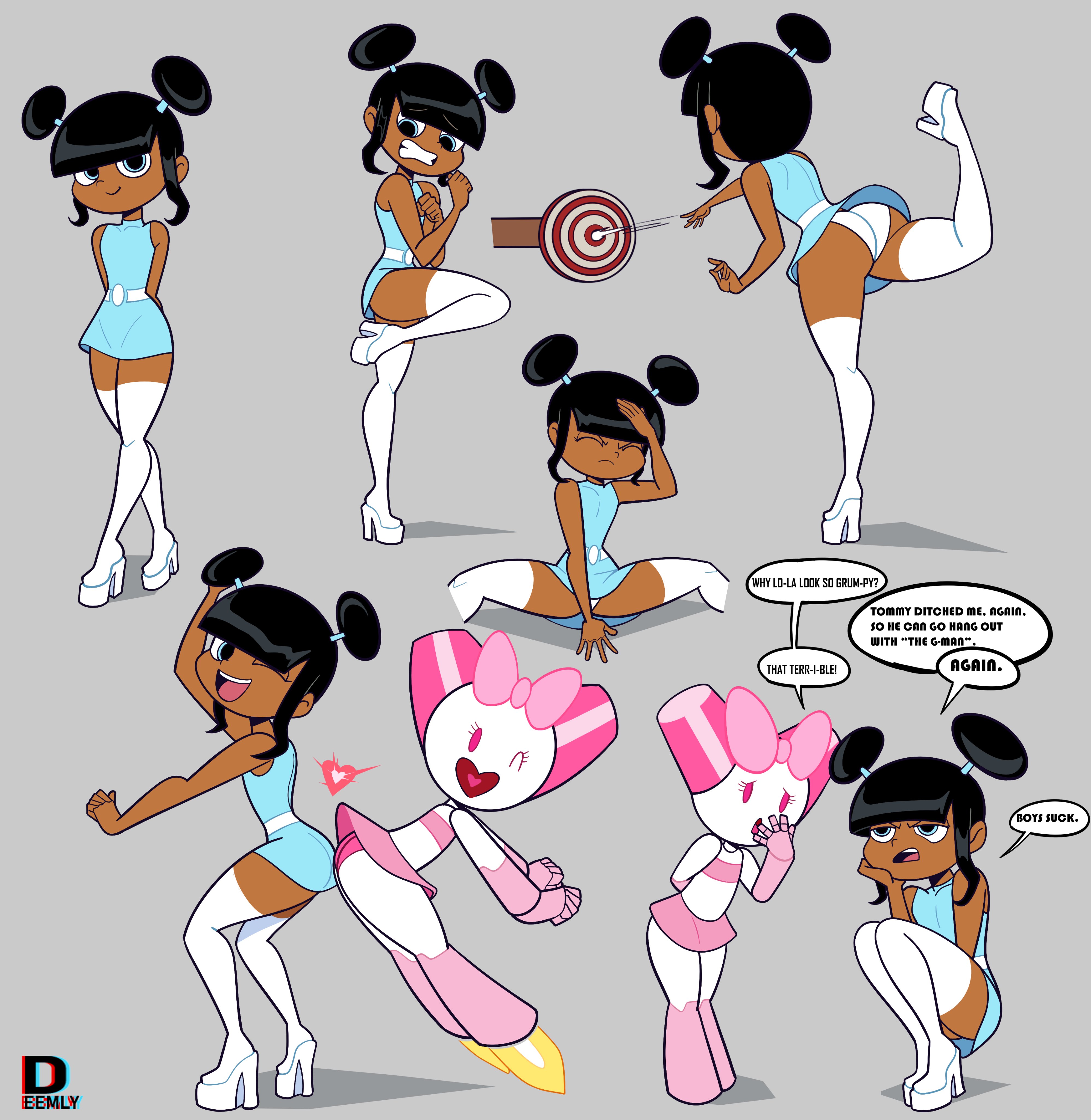 2girls, artist logo, artist signature, ass, ass focus, ass to ass, big ass, big butt, black hair, blue eyes, bubble ass, bubble butt, butt, dark skin, dark-skinned female, deemlyart, female, female only, grey background, high heels, lola mbola, robot, robot girl, robotboy, robotgirl (robotboy), simple background, thick thighs