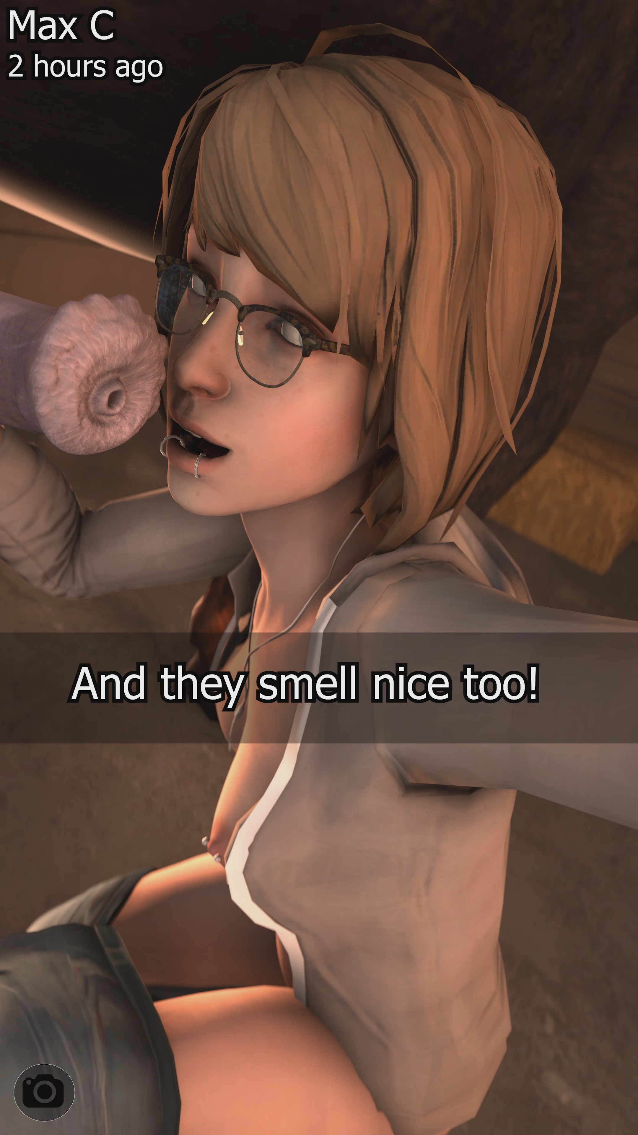 1boy, 1girls, 3d, absurdres, animal genitalia, areolae, breasts, erection, female, glasses, highres, horse, horsecock, huge cock, life is strange, male, max caulfield, movealongmate, nipple piercing, nipples, penis, piercing, selfie, snapchat, source filmmaker, text, zoophilia