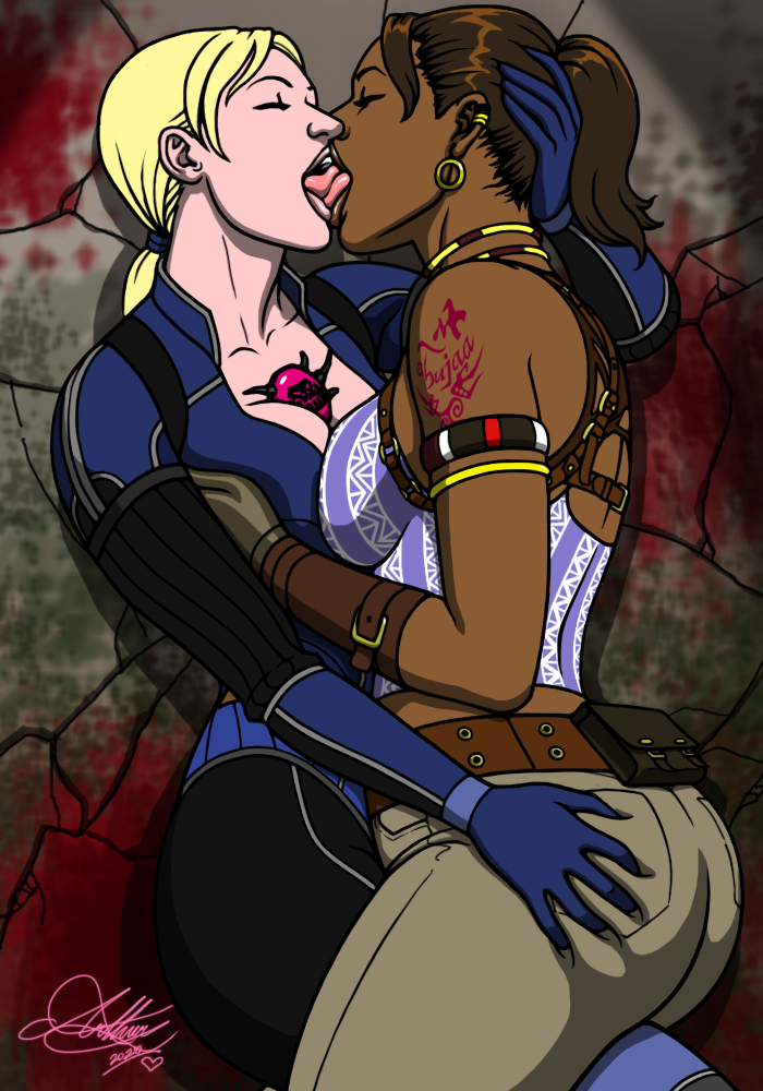 2girls ass blonde_hair bodysuit breasts brown_hair closed_eyes clothing dark-skinned_female dark_skin female female_only french_kissing human human_only interracial interracial_yuri jill_valentine jill_valentine_(blonde) jill_valentine_(julia_voth) kaywest light-skinned_female light_skin long_hair open_mouth resident_evil resident_evil_5 sheva_alomar tongue_kissing voluptuous voluptuous_female yuri