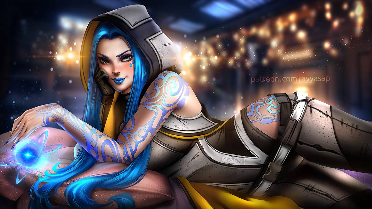 1girls, 2d, ayyasap, blue hair, blue lipstick, body markings, borderlands, borderlands 3, breasts, female, female only, hood, long hair, looking at viewer, maya (borderlands), phase powers, phaselock, silver eyes, siren (borderlands), siren markings, solo, solo female, tattoo, tattoos, tight clothing