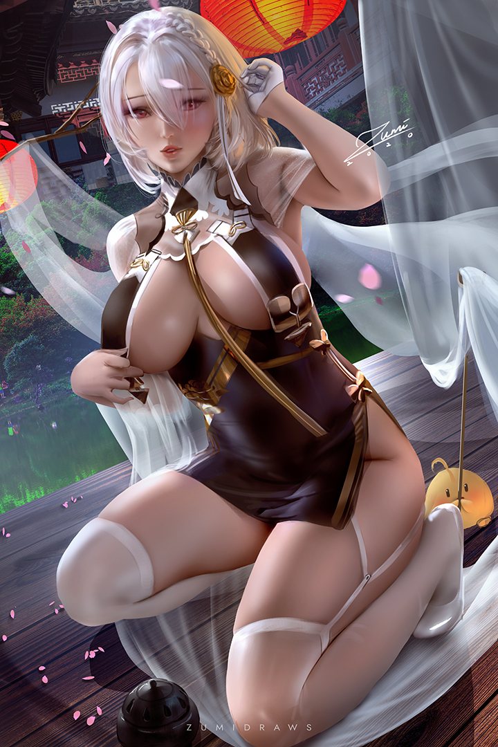 1girls, azur lane, big breasts, breast curtains, breasts, cleavage, female, female only, large breasts, looking at viewer, sirius (azur lane), solo, thighhighs, zumi