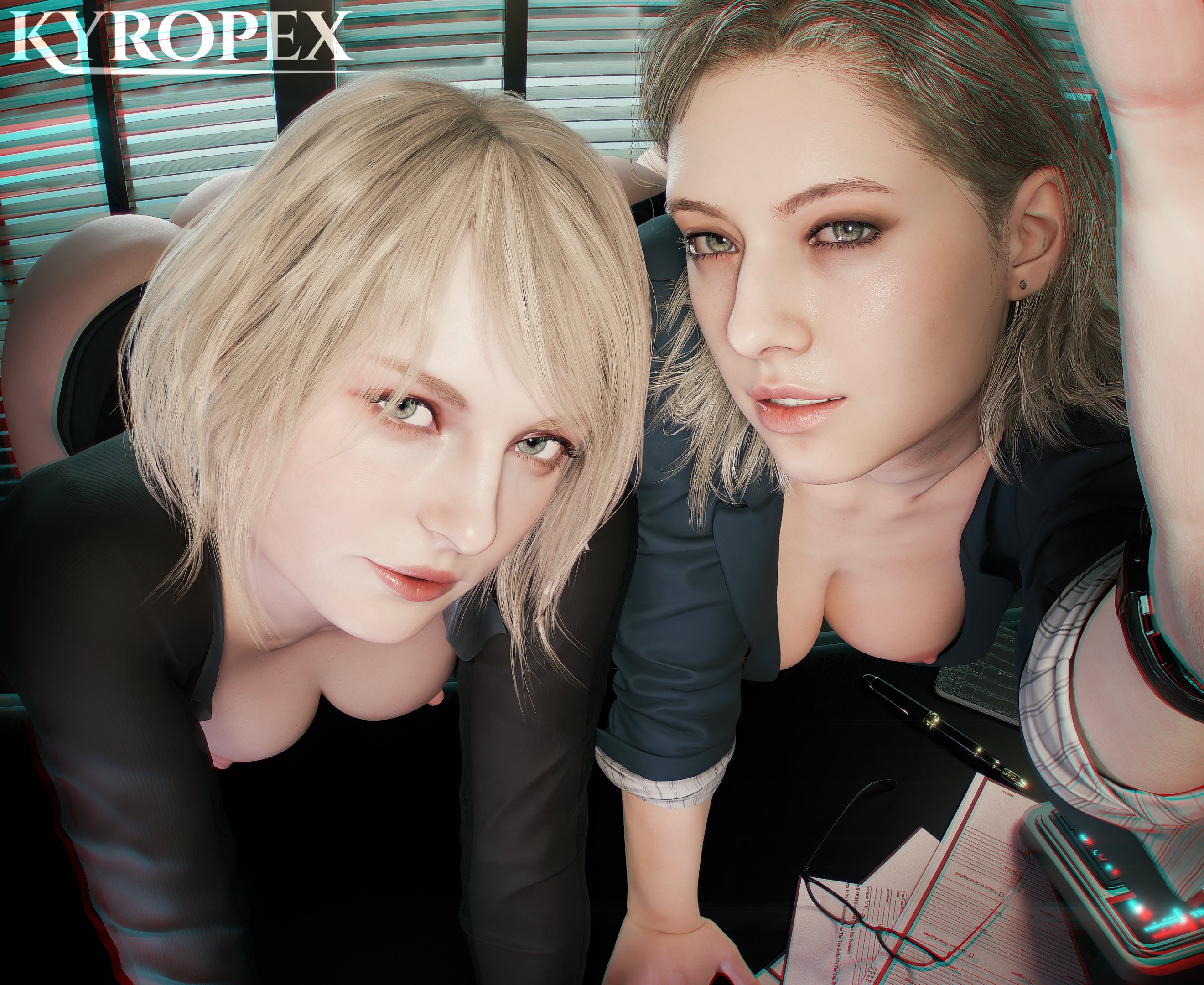 2girls, 3d, 3d (artwork), 3d render, ashley graham, ashley graham (ella freya), ass, big breasts, biohazard, blazer, blender, blonde, blonde female, blonde hair, blue eyes, bob cut, bottomless female, breasts, breasts out, capcom, clothed female, earrings, female, female focus, female only, girly, glasses, glasses removed, grace ashcroft, grace ashcroft (julia pratt), kyropex, light-skinned female, nipples, office, office clothing, office lady, render, resident evil, resident evil 4, resident evil 4 remake, resident evil 9: requiem, seductive look, selfie, short hair, wavy hair