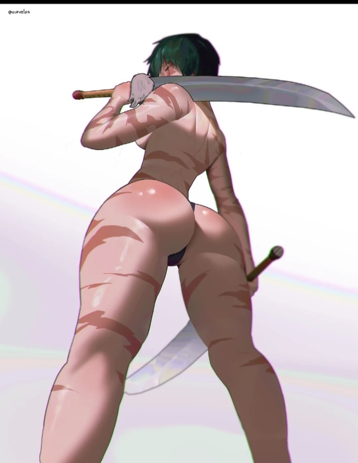 ass, ass focus, boobs, green hair, jujutsu kaisen, muscular female, panties, scars, she's so hot fr, split soul katana, thong, vipvelps, zenin maki