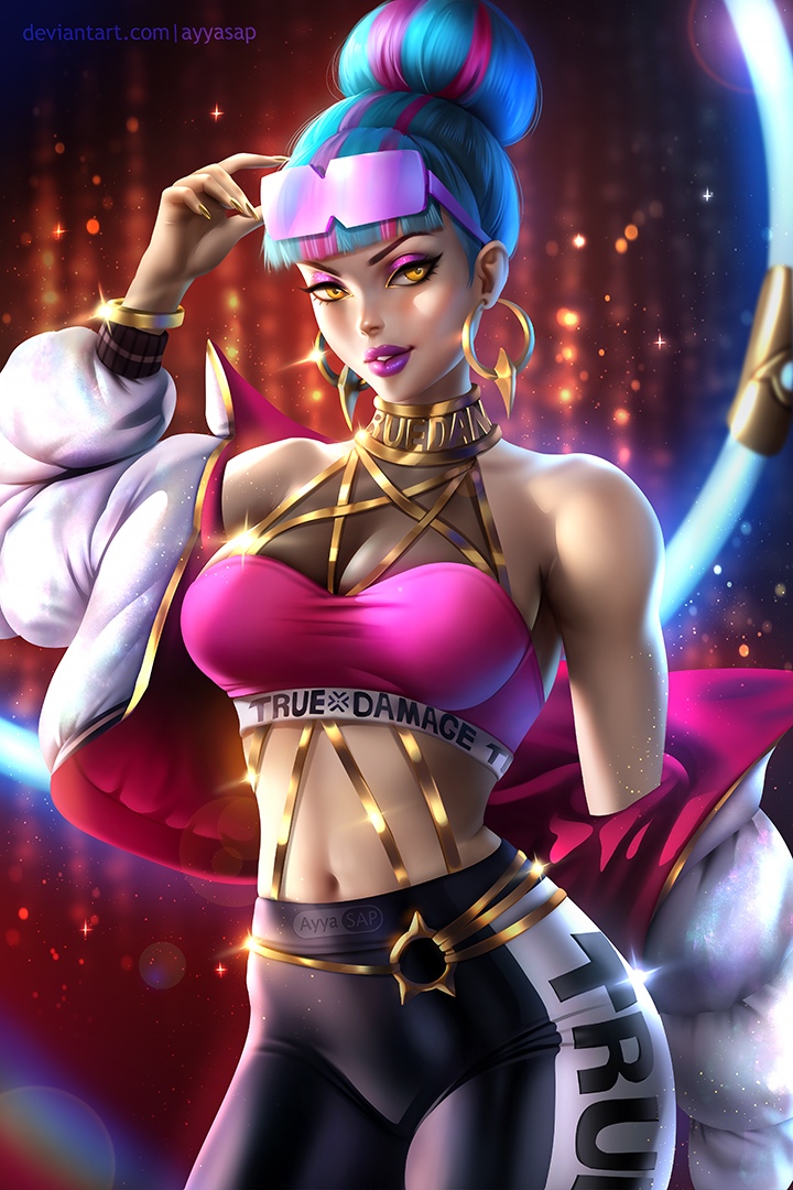 1girls, ayya saparniyazova, ayyasap, big breasts, breasts, female, female only, league of legends, looking at viewer, navel, qiyana yunalai, solo, tight clothing, true damage qiyana, true damage series