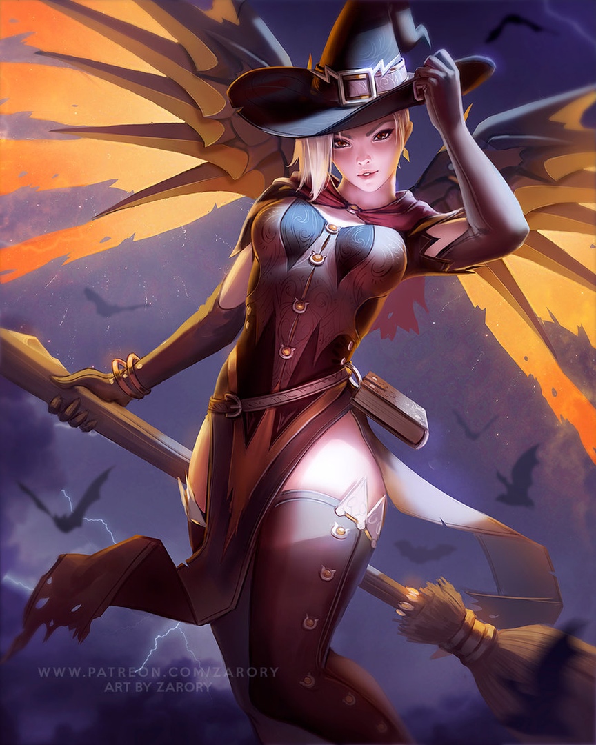 1girls big_breasts blonde_hair broom female female_only halloween hat mercy overwatch solo tight_clothes tight_clothing wings witch_mercy yellow_eyes zarory