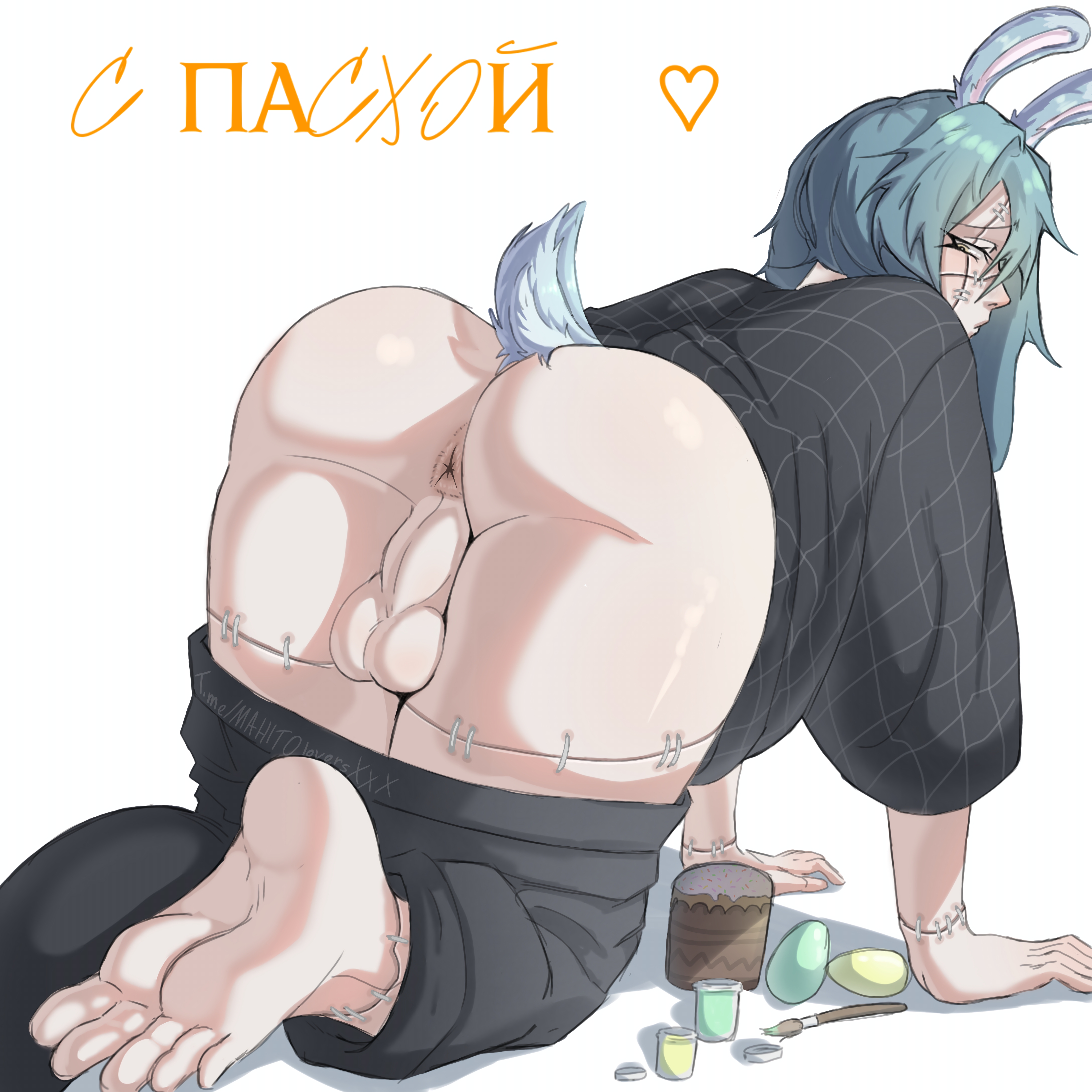 1boy, artist name, ass focus, asshole, backsack, bunny ears, feet, femboy, jujutsu kaisen, mahito (artist), mahito (jujutsu kaisen), nsfw, partially clothed, solo focus