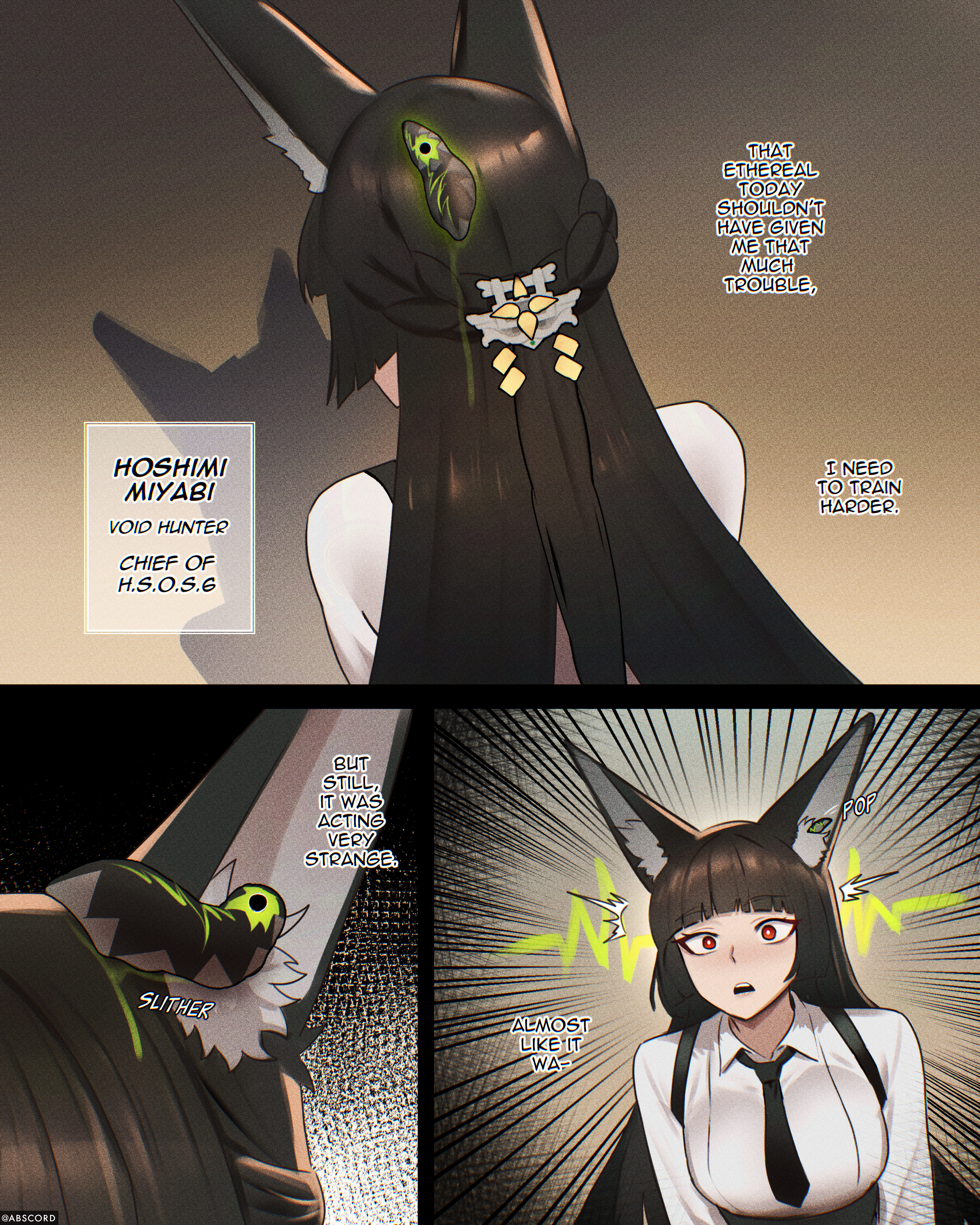 abscord, animal ear fluff, animal ears, black hair, black necktie, comic, corruption, english text, ethereal (zenless zone zero), fox ears, fox girl, hoshimi miyabi, large breasts, long hair, parasite, red eyes, surprised, white shirt, worm, zenless zone zero