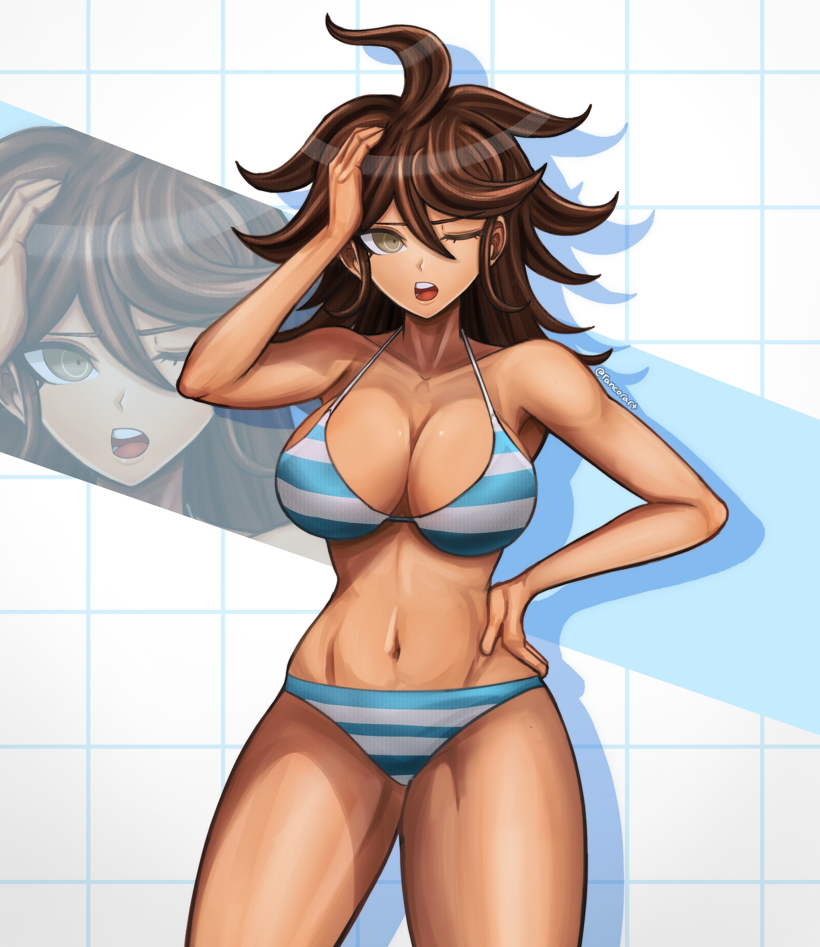 1girl, absurdres, accurate art style, ahoge, arm up, bare shoulders, bikini, breasts, cleavage, danganronpa, danganronpa (series), danganronpa 2: goodbye despair, dark skin, dark-skinned female, female focus, hand on own hip, highres, long hair, navel, one eye closed, owari akane, rancorart, solo, swimsuit, thick thighs, thighs