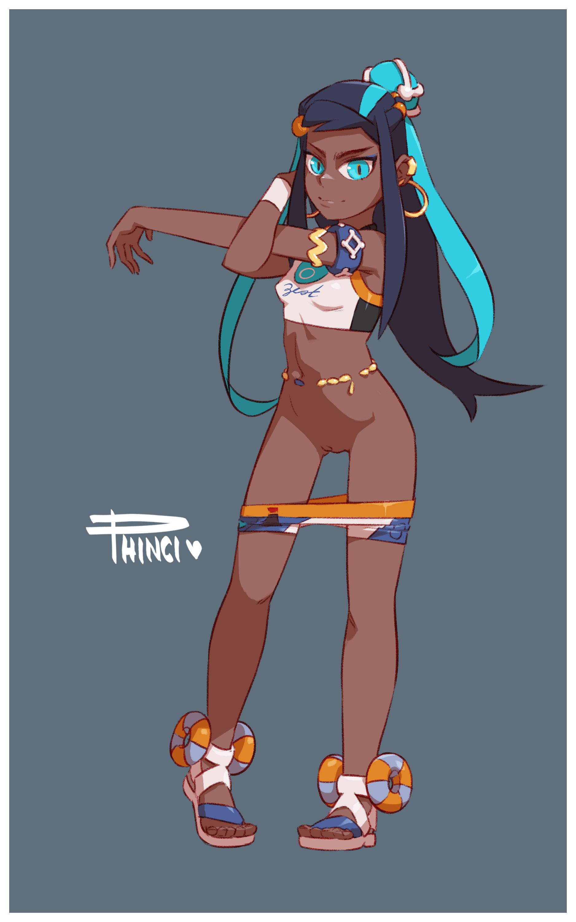 1girl, aqua eyes, armlet, belly chain, bike shorts, black hair, blue eyes, blue eyeshadow, blue hair, breasts, cleft of venus, closed mouth, clothes pull, crop top, dark skin, dark-skinned female, earclip, earrings, eyeshadow, full body, grey background, hair bun, hoop earrings, jewelry, long hair, looking at viewer, makeup, multicolored hair, navel, nessa (pokemon), phinci, piercing, pokemon, pussy, sandals, shorts, shorts pull, simple background, single hair bun, small breasts, smile, solo, sportswear, standing, stretching, sweatband, swimsuit, tankini, two-tone hair, uncensored, white footwear, wristband