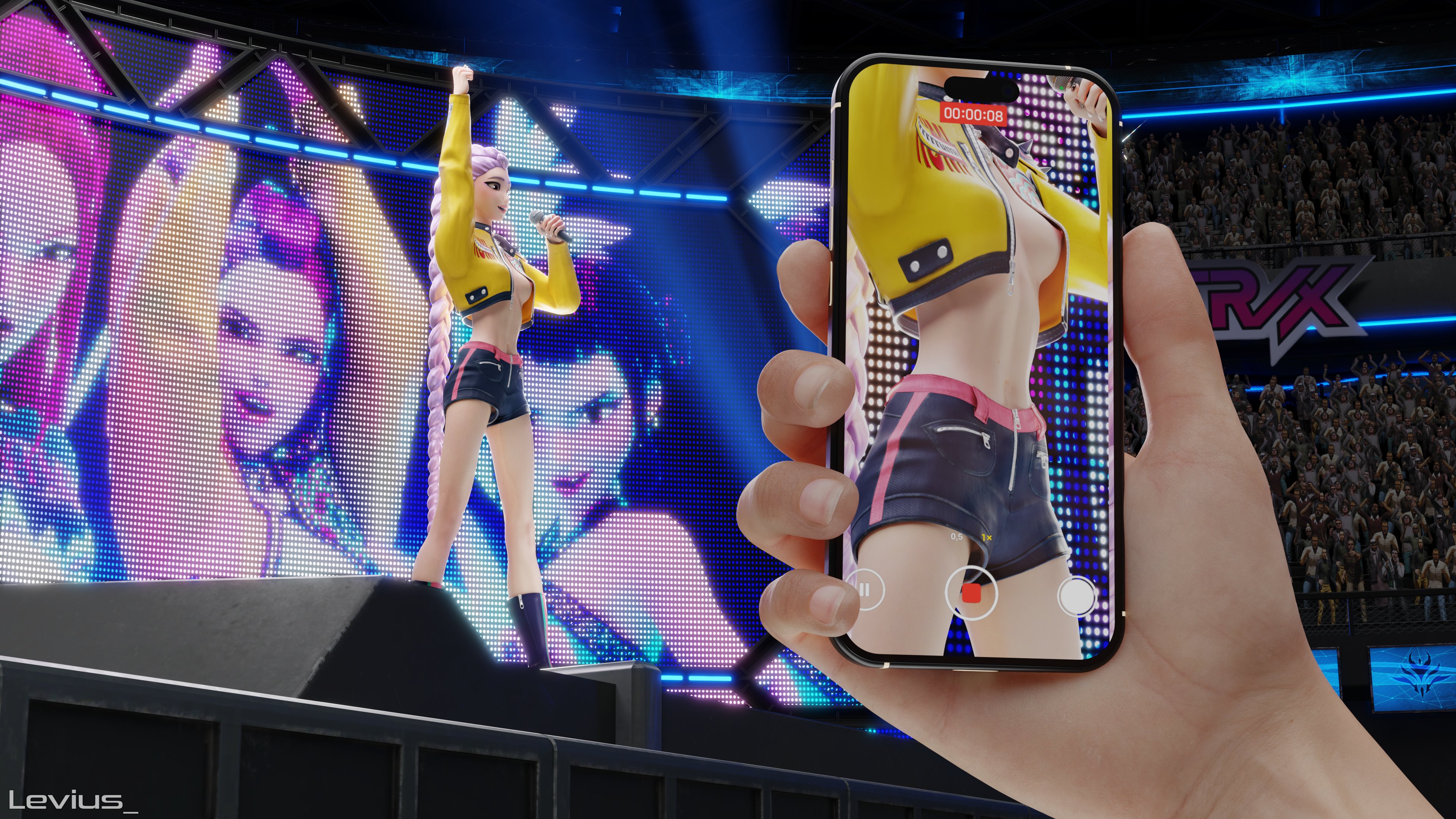 3d, areolae, concert, exhibitionism, female, flash, flashing, flashing at viewer, flashing breasts, fortnite, kpop demon hunters, levius nsfw, looking at breasts, nipples, no bra, no underwear, partially clothed, partially nude, rumi (kpop demon hunters), sideboob, stage, stage light, stage lights, stage show