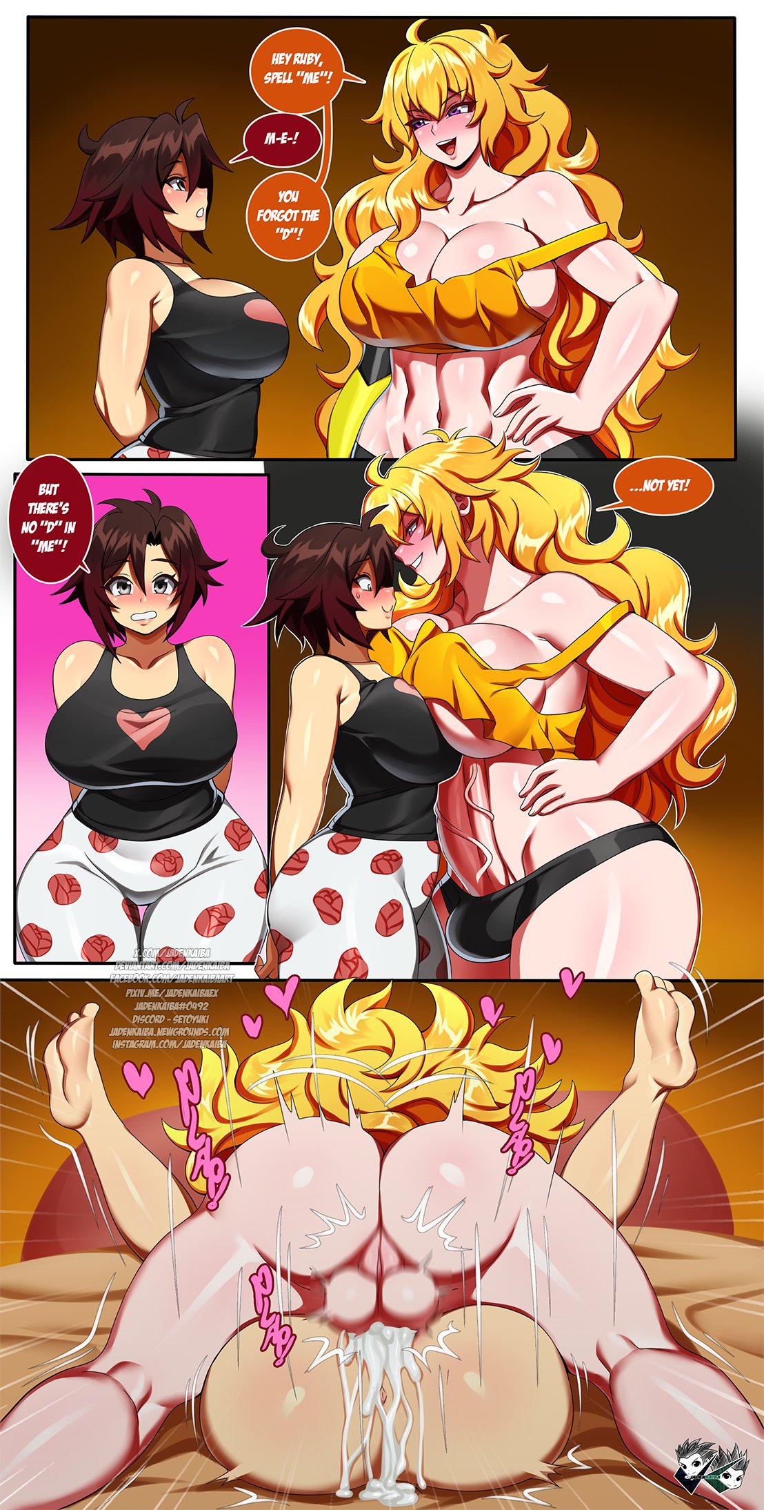 <3, 1futa, 1girls, ambiguous consent, ass, balls, big breasts, big penis, black hair, blonde hair, blush, breasts, comic, cum, cum in pussy, cum inside, cum overflow, deep penetration, dialogue, english text, erect penis, erection, female, fit, fit futa, full-package futa, futa on female, futanari, grey eyes, grin, hi res, incest, jadenkaiba, long hair, mating press, older futa, penetration, penis, penis out, purple eyes, ruby rose, rwby, sex, silver eyes, siscon, sisters, speech bubble, text, thick ass, thick thighs, toned, toned futa, uncensored, vaginal penetration, veiny penis, wide hips, yang xiao long