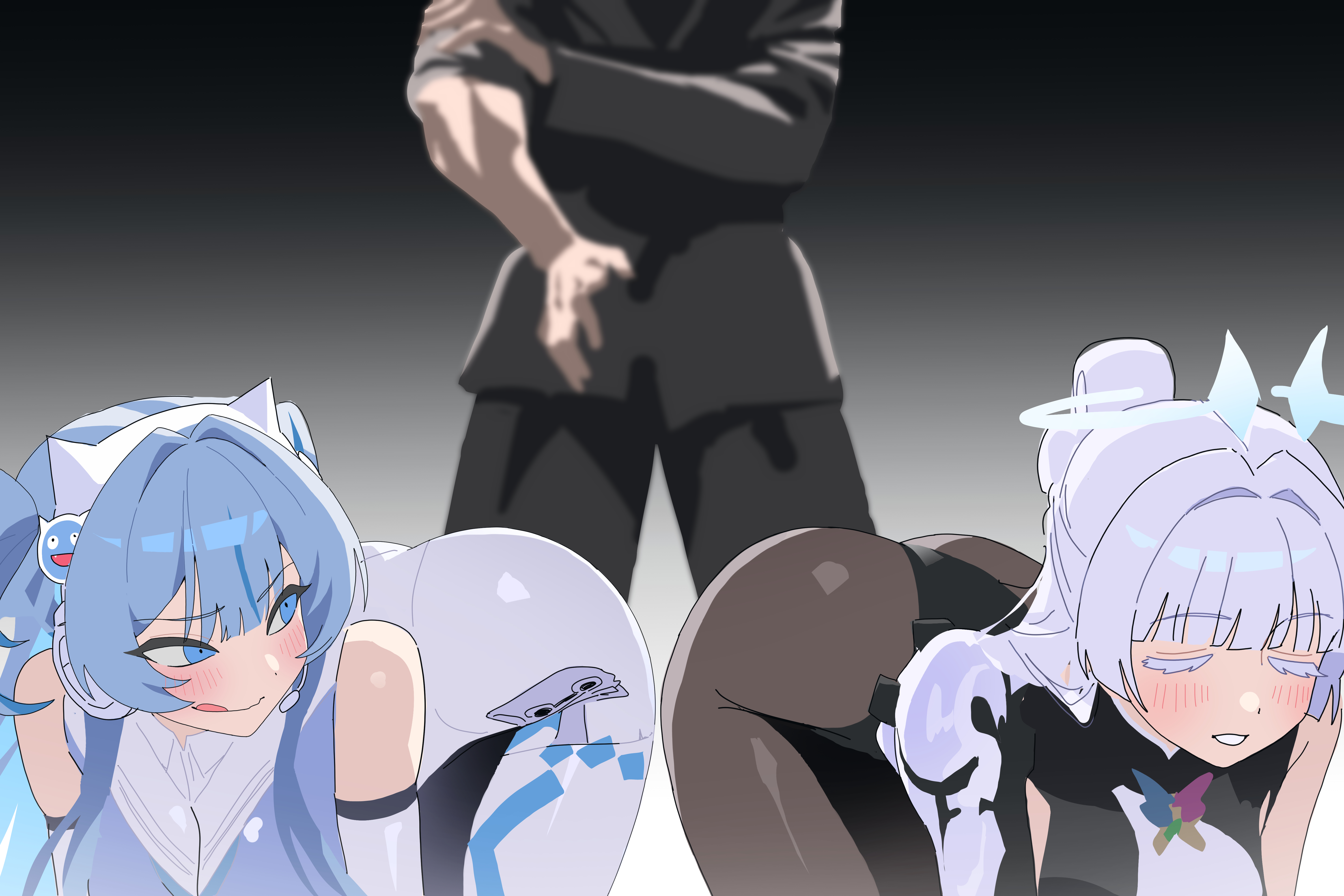 1girls, 2girls, ass, ass up, big breasts, blue eyes, blue hair, blushing, blushing female, bodysuit, breasts, commander (nikke), female, female focus, goddess of victory: nikke, imminent spanking, licking lips, looking back, male, male/female, mekami shifty, muscular male, nayuta (nikke), presenting, presenting hindquarters, shifty (nikke), skin tight, tagme, wge, white hair