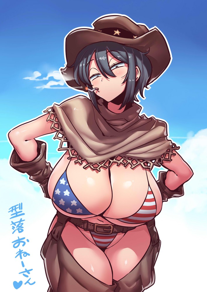 30th_video_rentals american_flag american_flag_bikini bikini black_hair blush cigarette cleavage cowboy_hat curvy female huge_breasts indie_virtual_youtuber kataochi_chuuko looking_at_viewer nakako_kataochi outdoor short_hair slim_waist smoking thick_thighs tsuki_wani virtual_youtuber vtuber