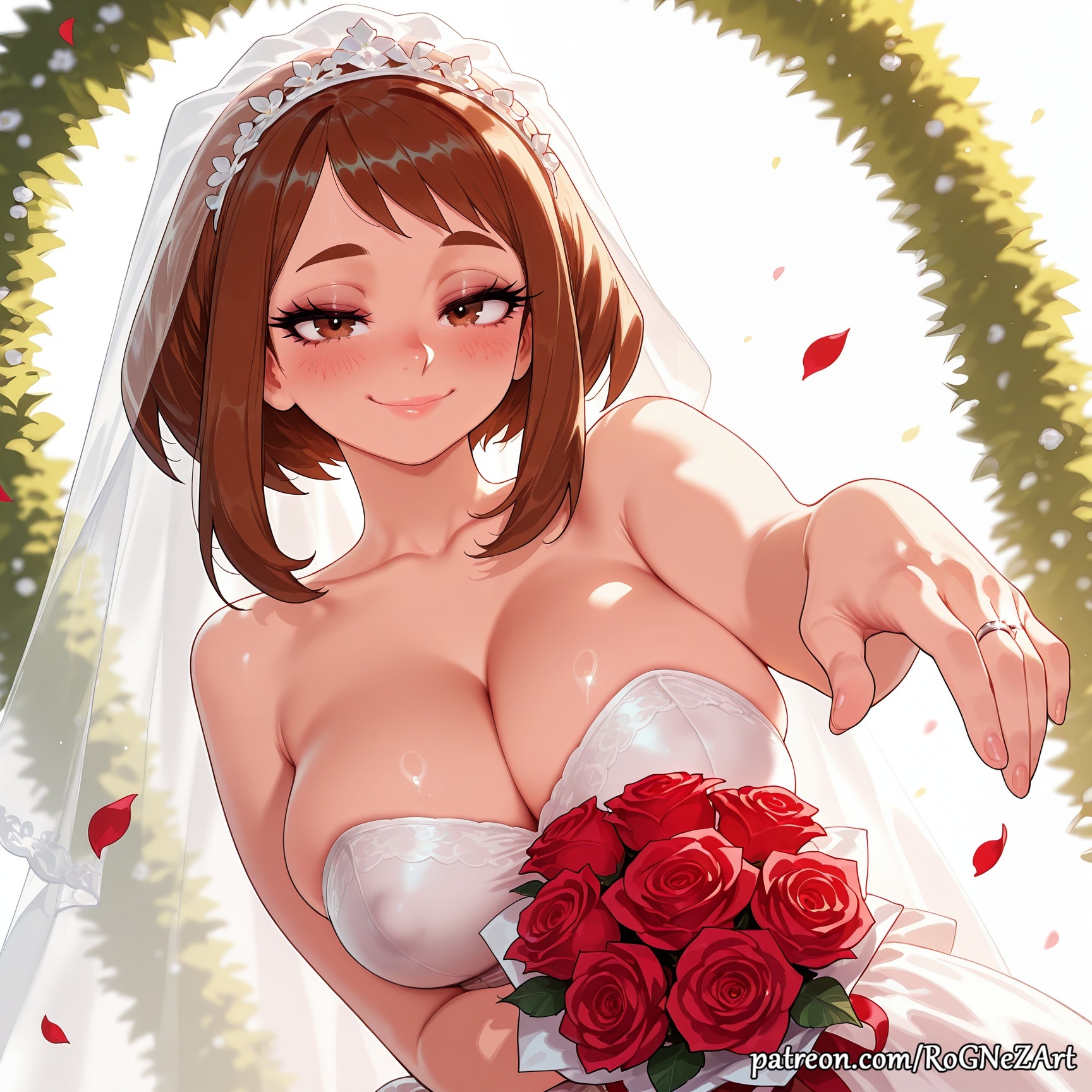 1girl, 2026, ai generated, anime, bare shoulders, blush, boku no hero academia, boobs, bouquet, breasts, bridal veil, bride, brown eyes, brown hair, cleavage, collarbone, covered nipples, crossover, dress, eye contact, female, female focus, flower, flushed, highres, holding, holding bouquet, huge breasts, jewelry, large breasts, looking at viewer, my hero academia, nsfw, ochako uraraka, ornate ring, patreon, patreon username, petals, red flower, red rose, ring, rognezart, rose, short hair, sidelocks, smile, smiling, solo, strapless, strapless dress, upper body, uraraka ochako, veil, wedding dress, wedding ring, white dress