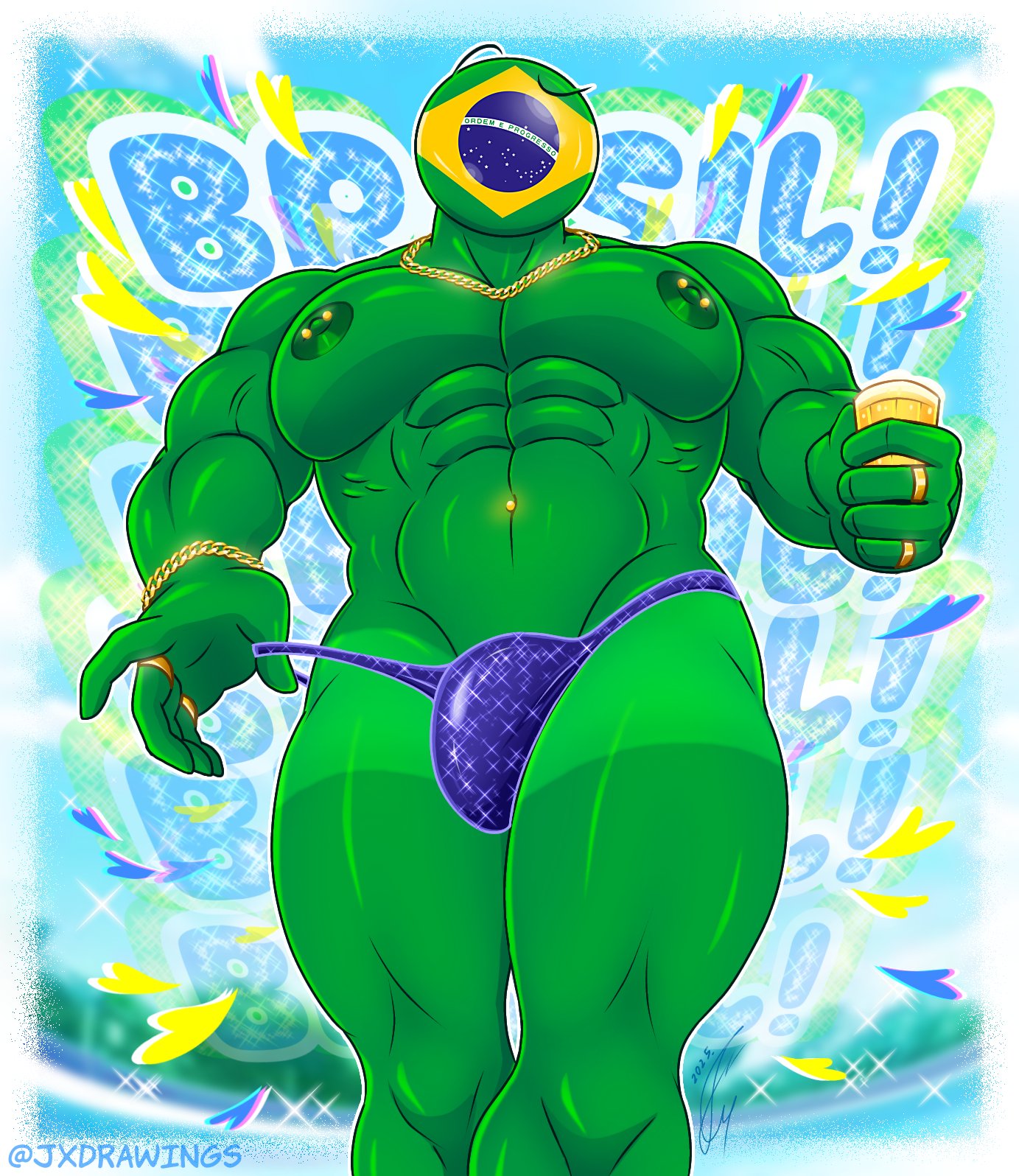 1boy, bara, beach, beer, beer glass, big boobs, big chest, big nipples, big pecs, big penis, brasil, brazil, brazil (countryhumans), brazilian, brazilian flag, brazilian flag print, brazilian male, breasts, countryhumans, countryhumans boy, gay, gay male, gold jewelry, jv draws, jx drawings, jxdrawings, male, male only, muscular, muscular male, nipple piercing, nipples, penis, piercing, piercing nipples, piercings, portuguese text, sparkly underwear, tagme, thong, yaoi