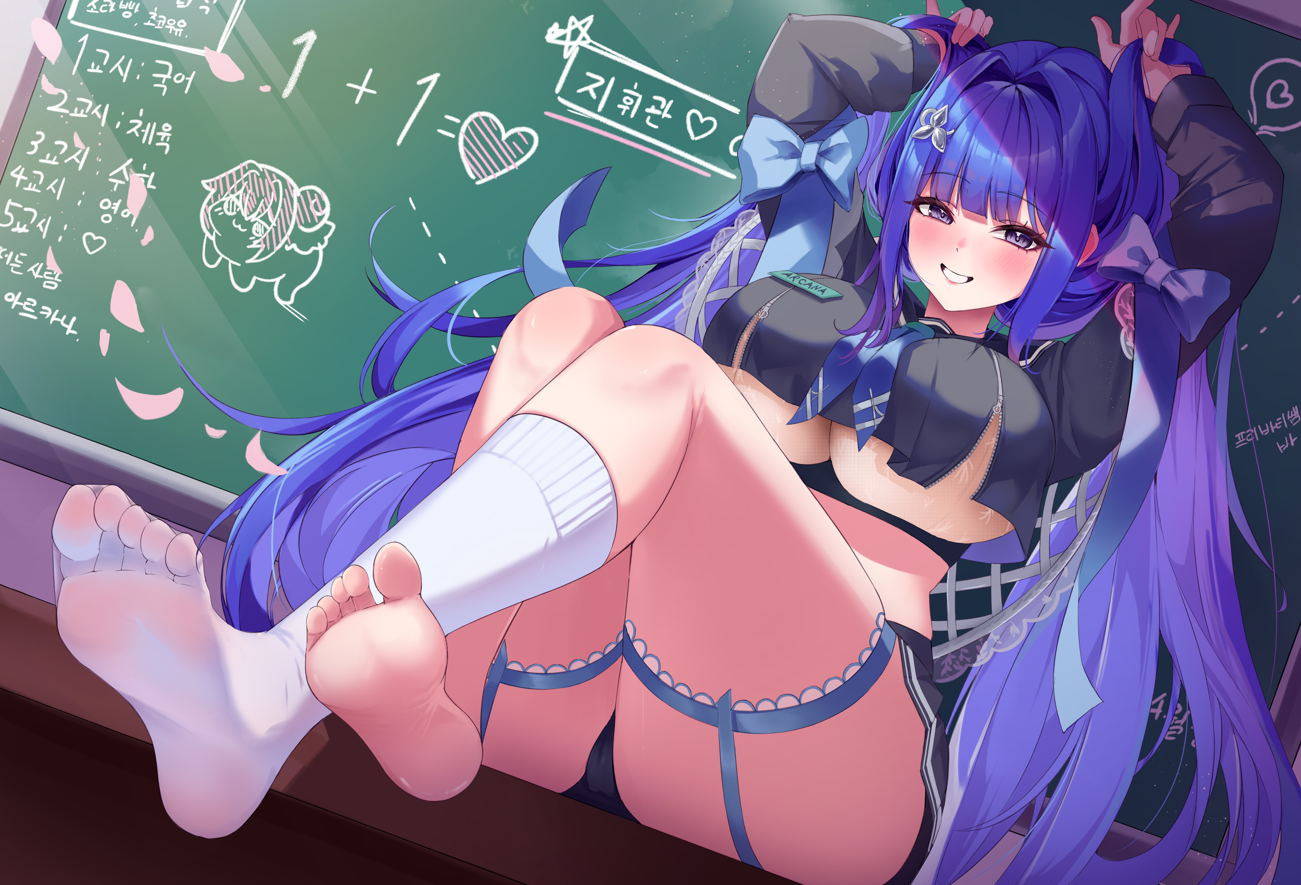 1girl, absurdres, arcana (fortune mate) (nikke), arcana (nikke), arms up, black sailor collar, black serafuku, black skirt, blue bow, blue neckerchief, blunt bangs, blush, bow, bra, breast zipper, breasts, brown bra, bunching hair, chalkboard, chu n, chu.n, classroom, commentary, crop top, crossed ankles, desk, doro (nikke), dutch angle, falling petals, floral print, full body, garter straps, goddess of victory: nikke, gradient neckerchief, grin, hair intakes, hair ornament, heart, highres, huge breasts, indoors, kneehighs, korean text, leaf hair ornament, legs up, long hair, long sleeves, looking at viewer, miniskirt, neckerchief, no shoes, official alternate costume, on desk, parted lips, partially unzipped, petals, print bra, purple eyes, purple hair, sailor collar, school uniform, serafuku, shade, single bare foot, single sock, sitting, skirt, sleeve bow, smile, socks, soles, solo, thigh strap, translation request, underwear, very long hair, white socks, zipper, zipper pull tab