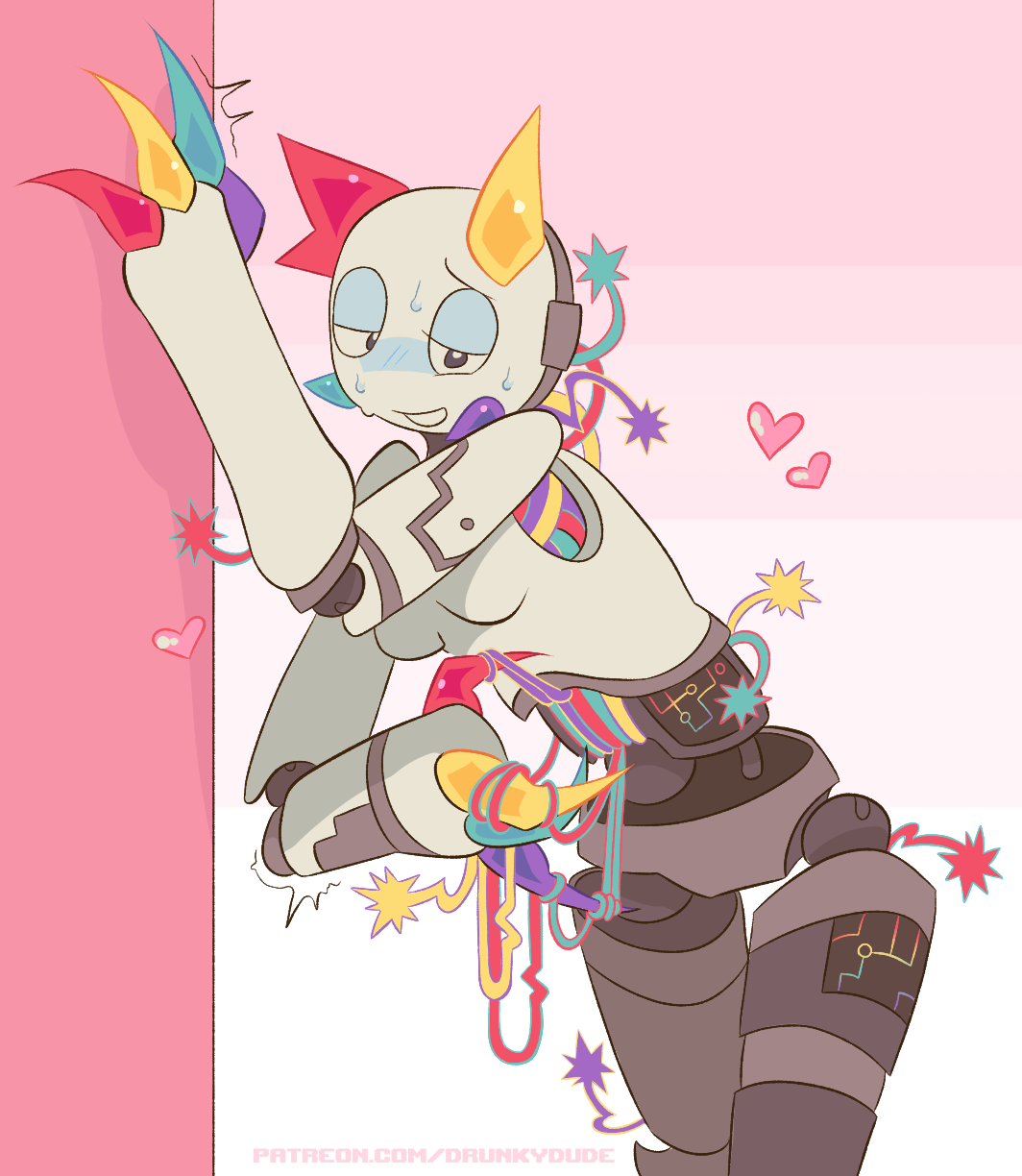 ambiguous gender, blush, bodily fluids, breasts, cable, circuit markings, circuit pattern, claws, drunkydude, exposed wires, femboy, glistening, glistening body, heart symbol, hi res, horn, humanoid, machine, markings, masturbation, not furry, prototype (regretevator), regretevator, roblox, roblox game, robot, shaking, shivering, solo, sweat, trembling, white body, wire, wireplay