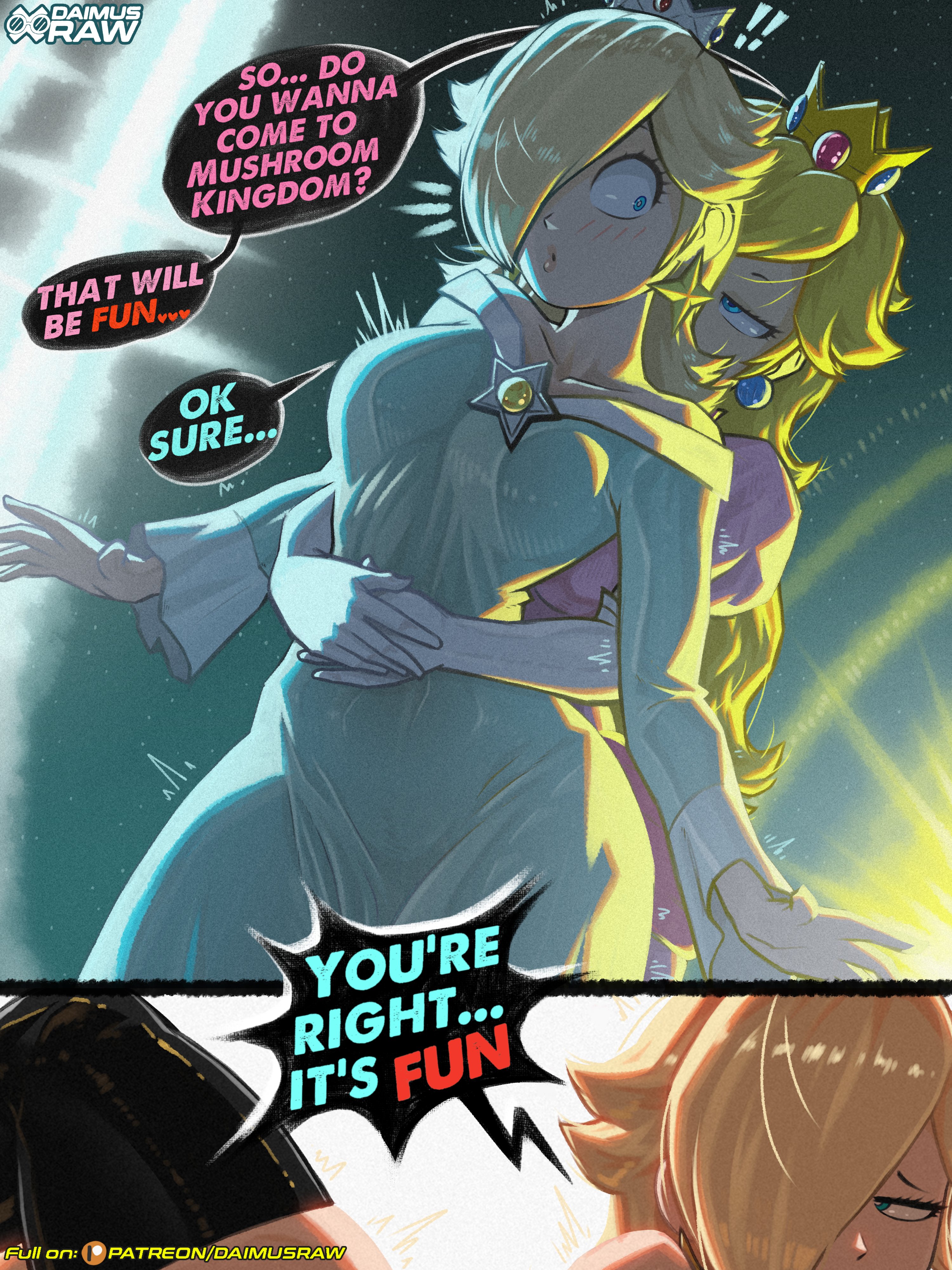 2girls, blonde hair, blue dress, blue eyes, daimusraw, dress, english text, female only, hair over one eye, hug, hug from behind, incest, lesbian, mario (series), mario bros, nintendo, patreon, patreon logo, patreon username, pink dress, princess peach, princess rosalina, rosalina, sisters, super mario bros., super mario galaxy, super mario galaxy (2026 film), text, url, wide hips, yuri